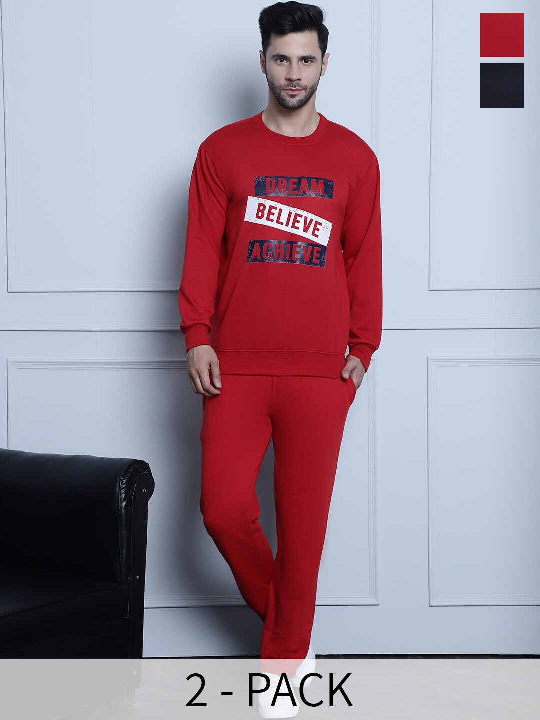VIMAL JONNEY Pack Of 2 Typography Printed Fleece Tracksuits, Black