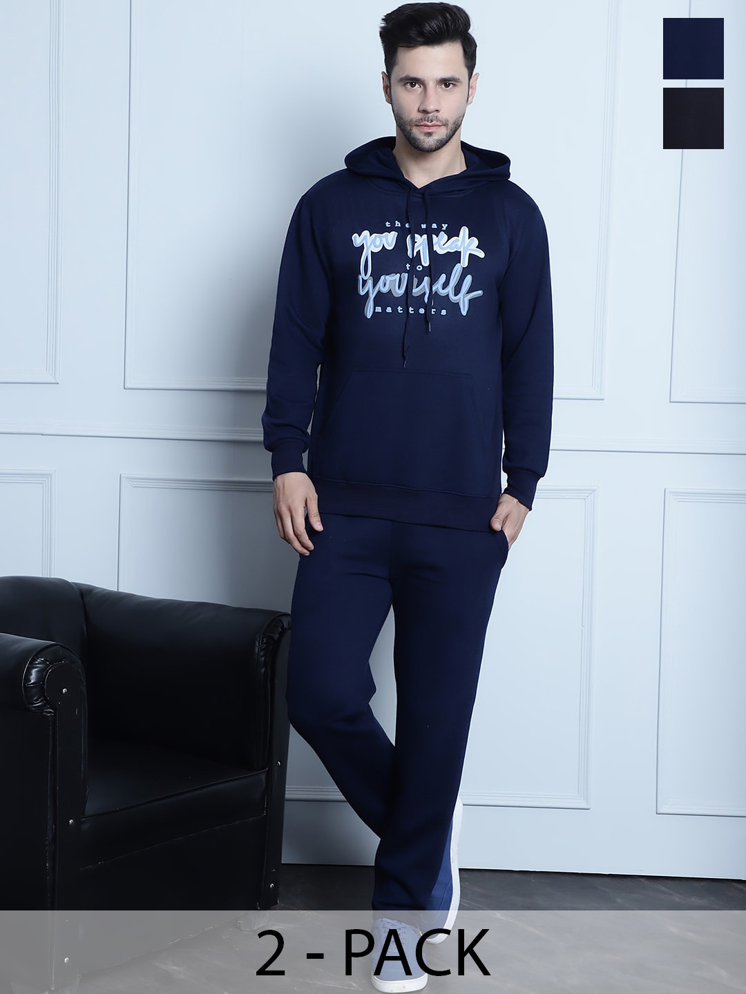 

VIMAL JONNEY Pack Of 2 Typography Printed Long Sleeve Cotton & Fleece Tracksuits, Navy blue