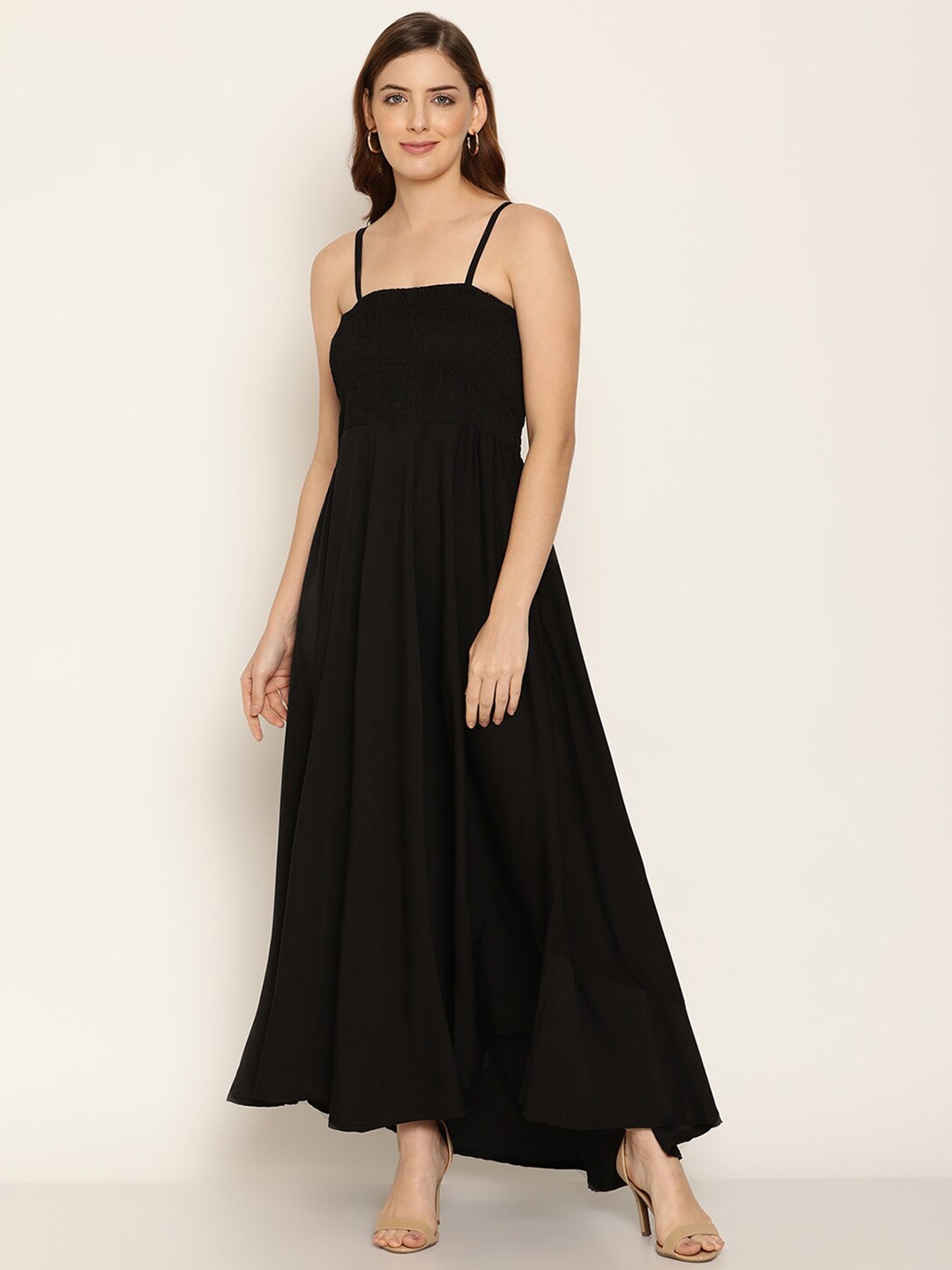 

BAESD Shoulder Straps Smocked Fit & Flare Maxi Dress, Black