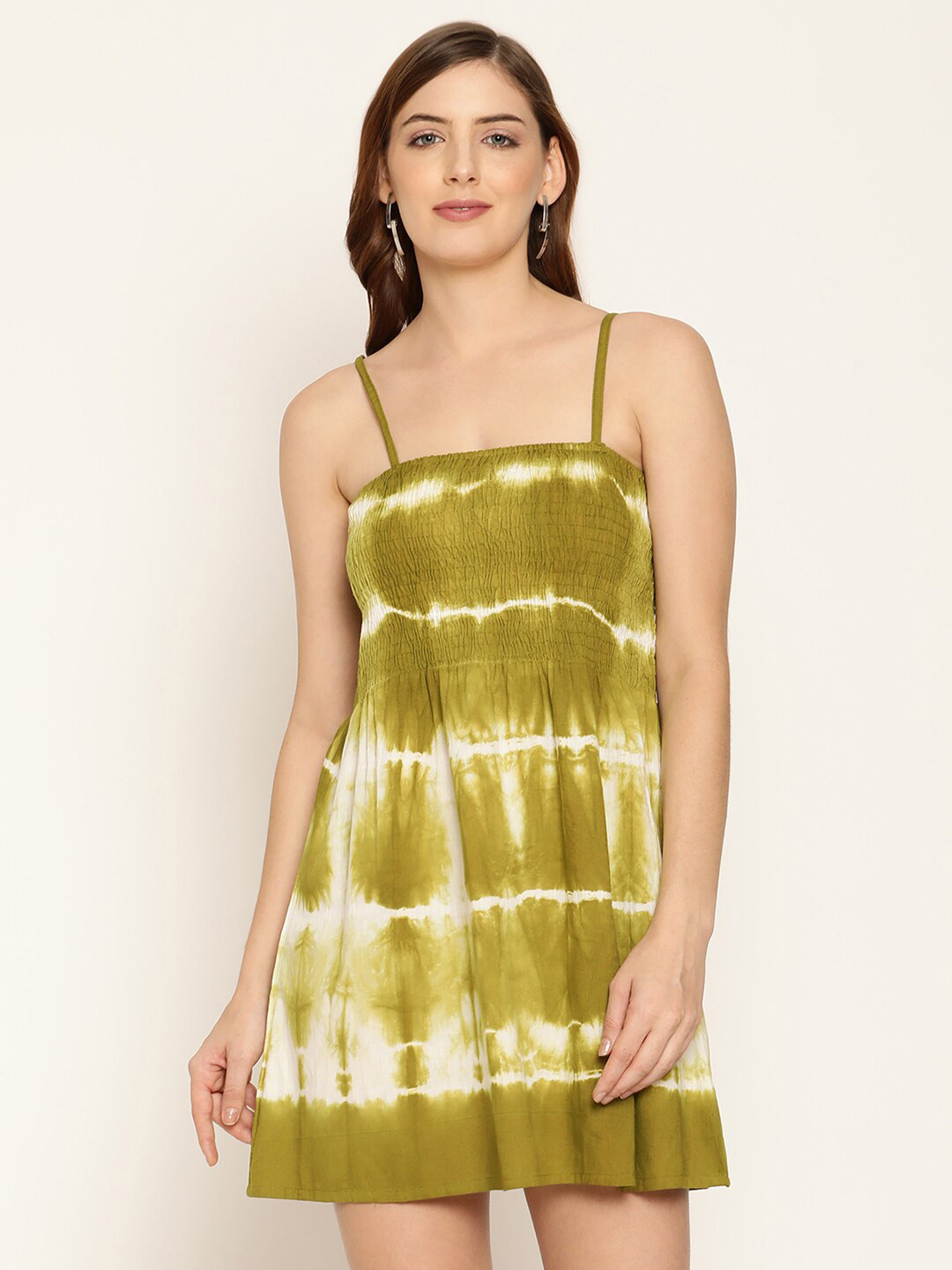 

BAESD Tie and Dye Printed Shoulder Straps Smocked Fit & Flare Mini Dress, Green
