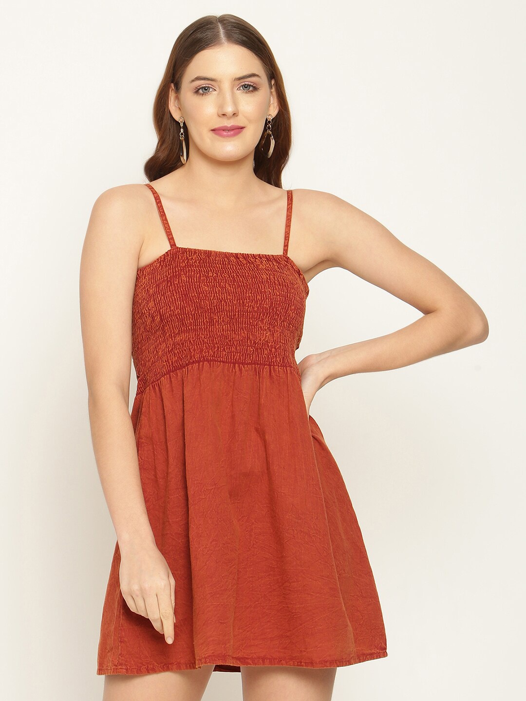 

BAESD Shoulder Straps Smocked Fit & Flare Mini Dress, Brown