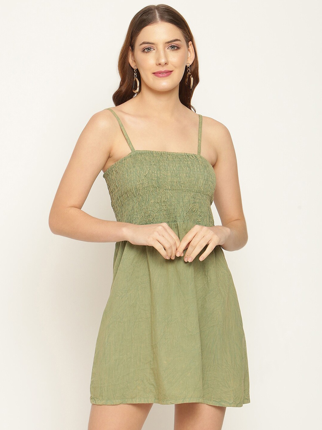 

BAESD Shoulder Straps Smocked Detailed Cotton Fit & Flare Mini Dress, Olive