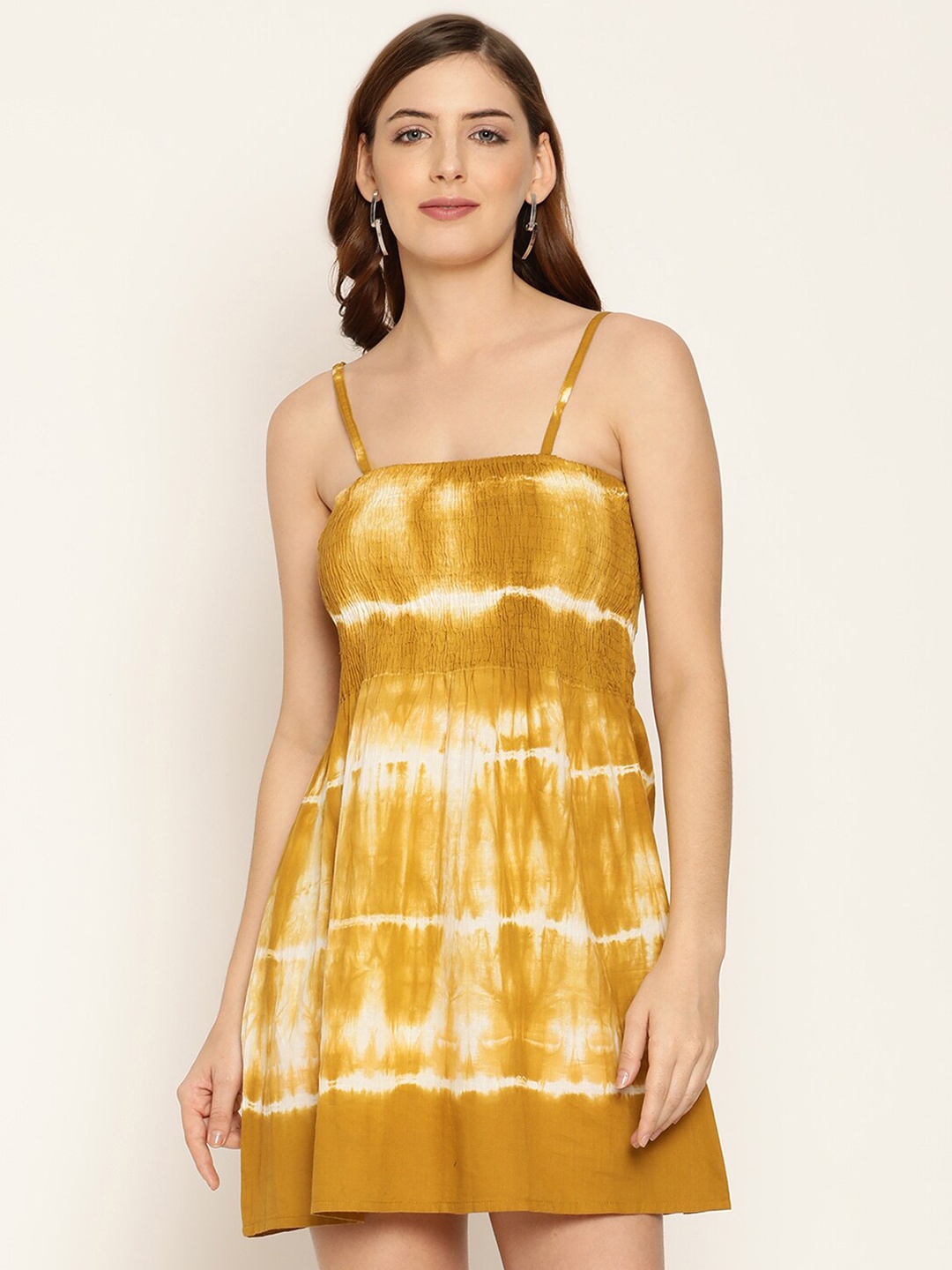 

BAESD Tie & Dye Shoulder Straps Smocked Detailed Cotton Fit & Flare Mini Dress, Mustard