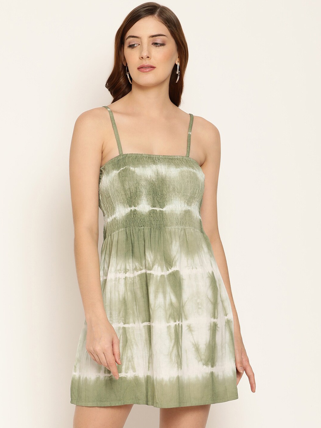 

BAESD Abstract Printed Shoulder Straps Fit & Flare Mini Dress, Green