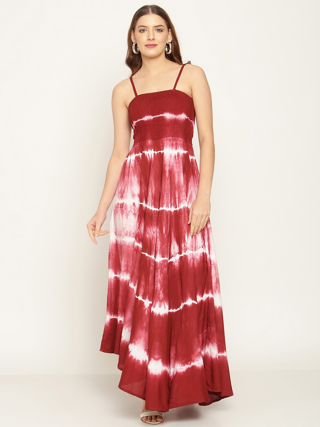 

BAESD Tie & Dye Printed Shoulder Straps Smocked Maxi Dress, Maroon