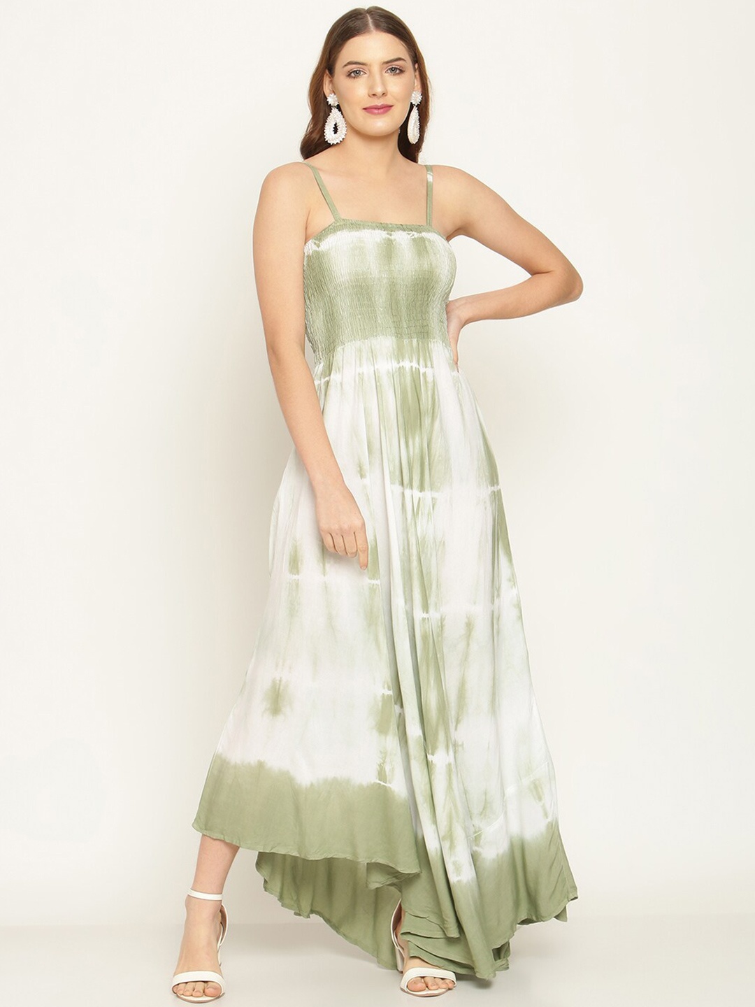 

BAESD Tie & Dye Printed Shoulder Straps Smocked Maxi Dress, Green
