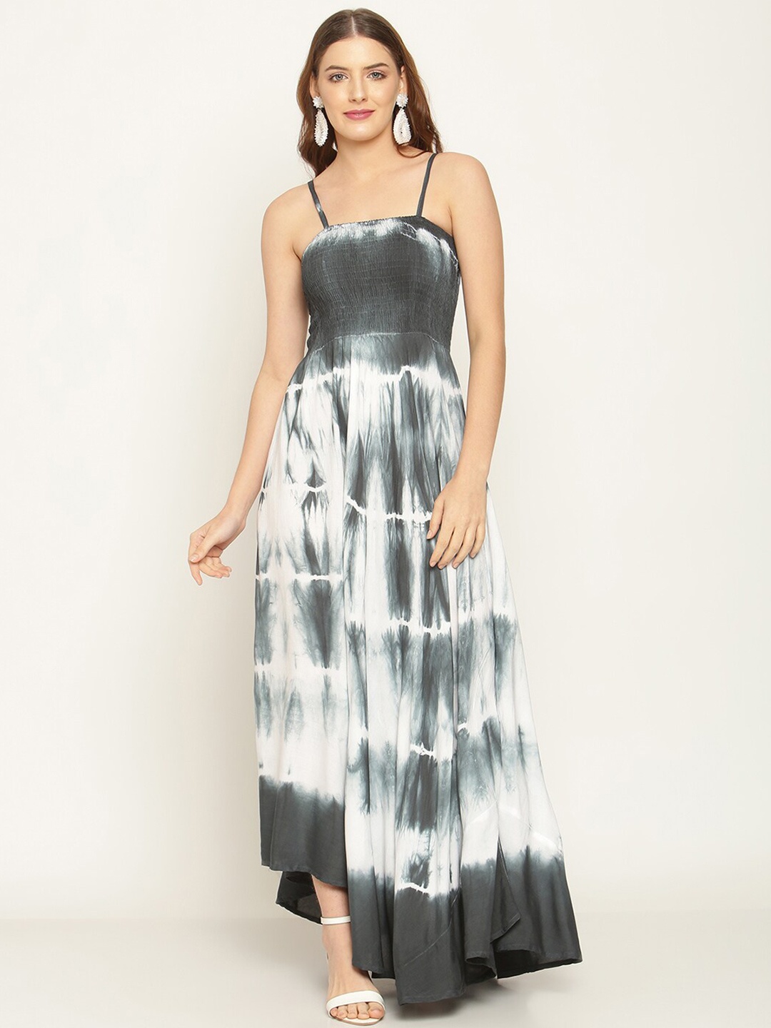 

BAESD Tie & Dye Printed Shoulder Straps Smocked Maxi Dress, Grey