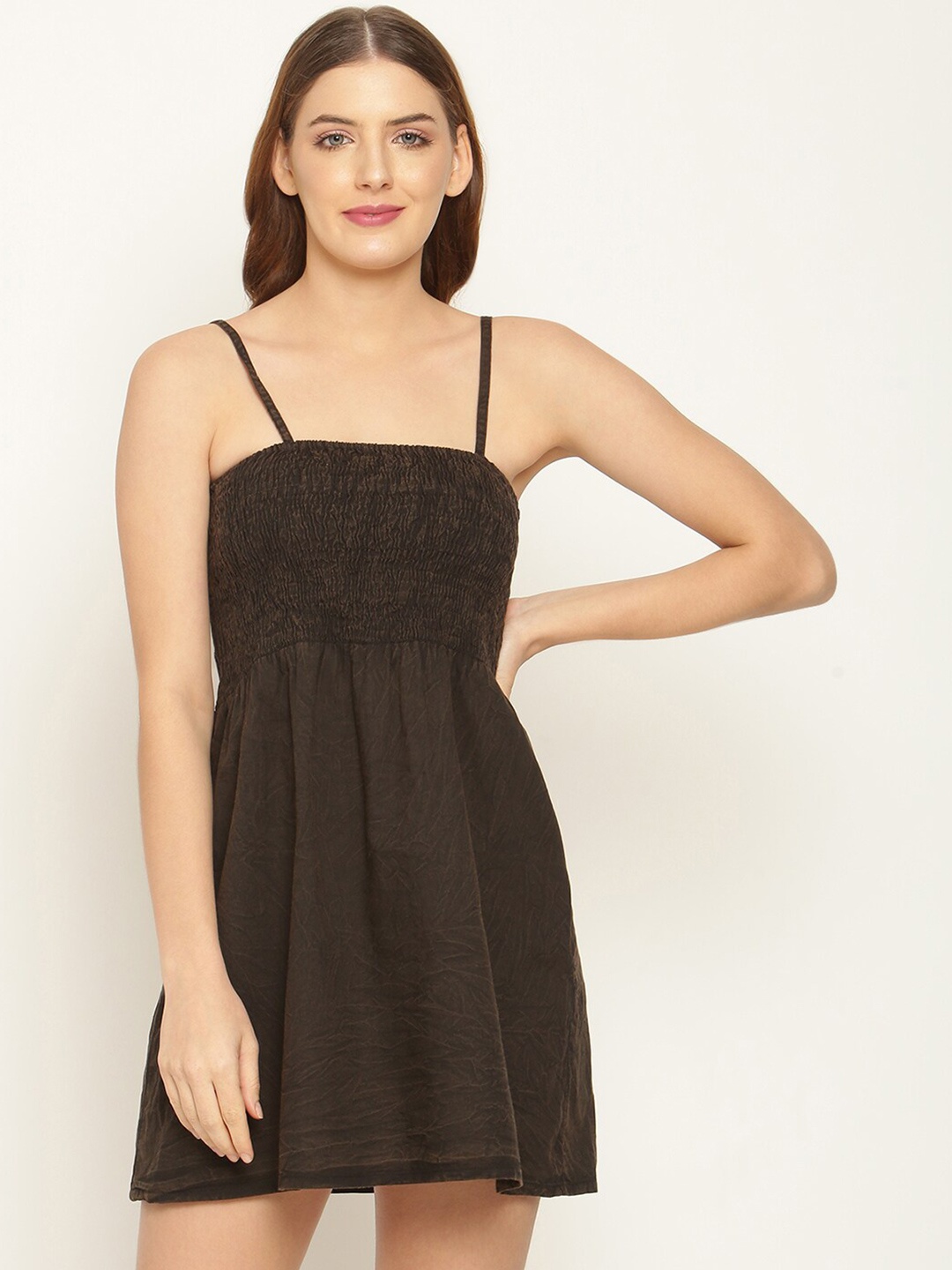 

BAESD Shoulder Straps Smocked Fit & Flare Mini Dress, Brown
