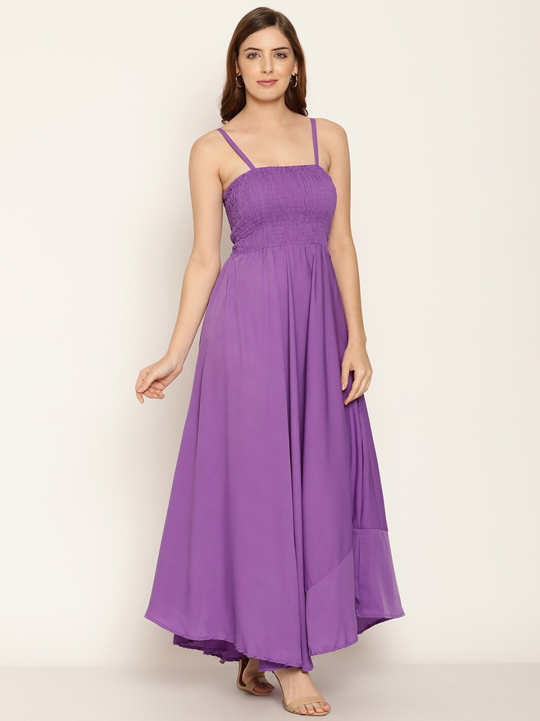 

BAESD Shoulder Straps Smocked Cotton Maxi Dress, Purple