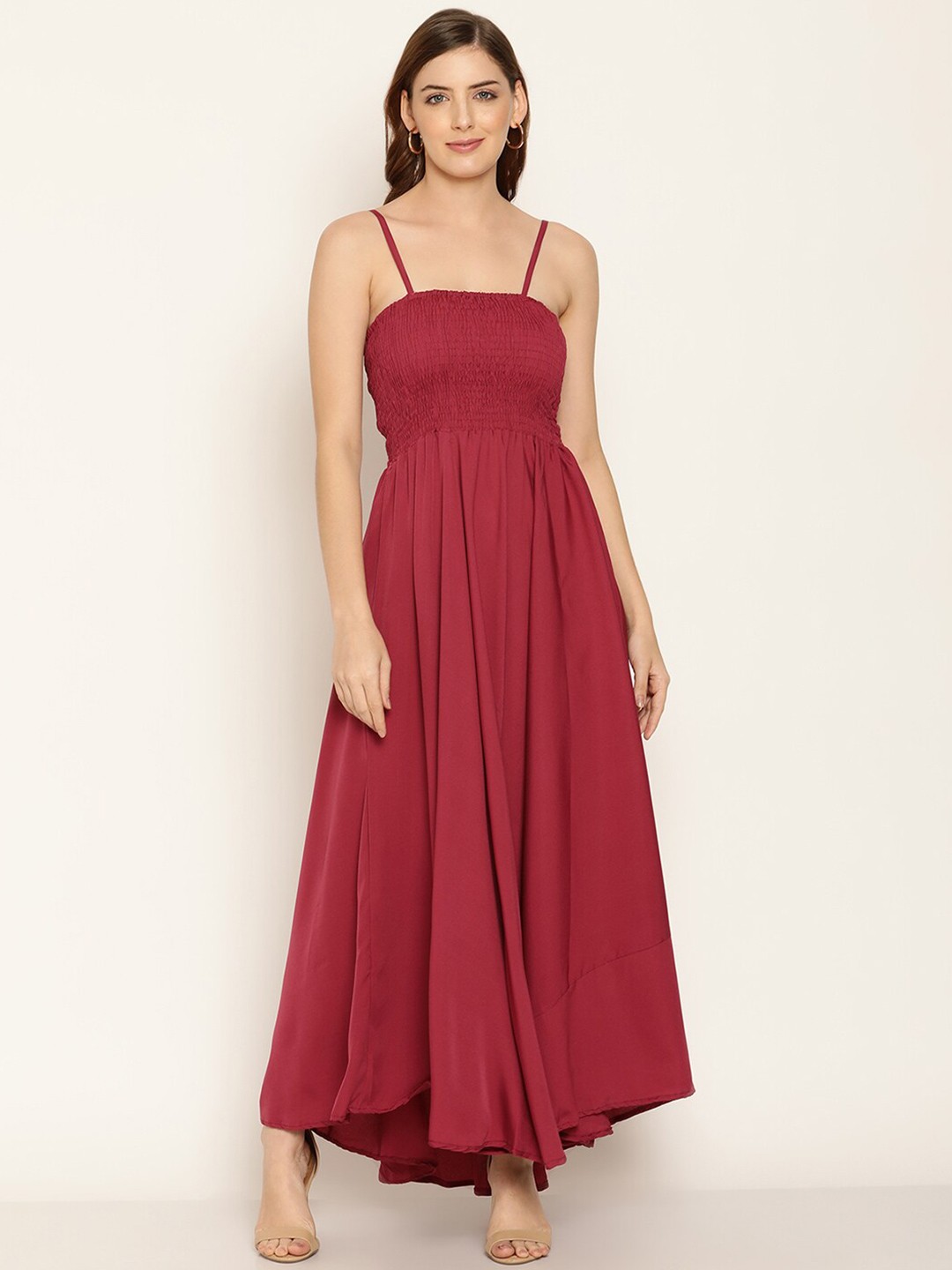 

BAESD Shoulder Straps Smocked Cotton Maxi Dress, Maroon