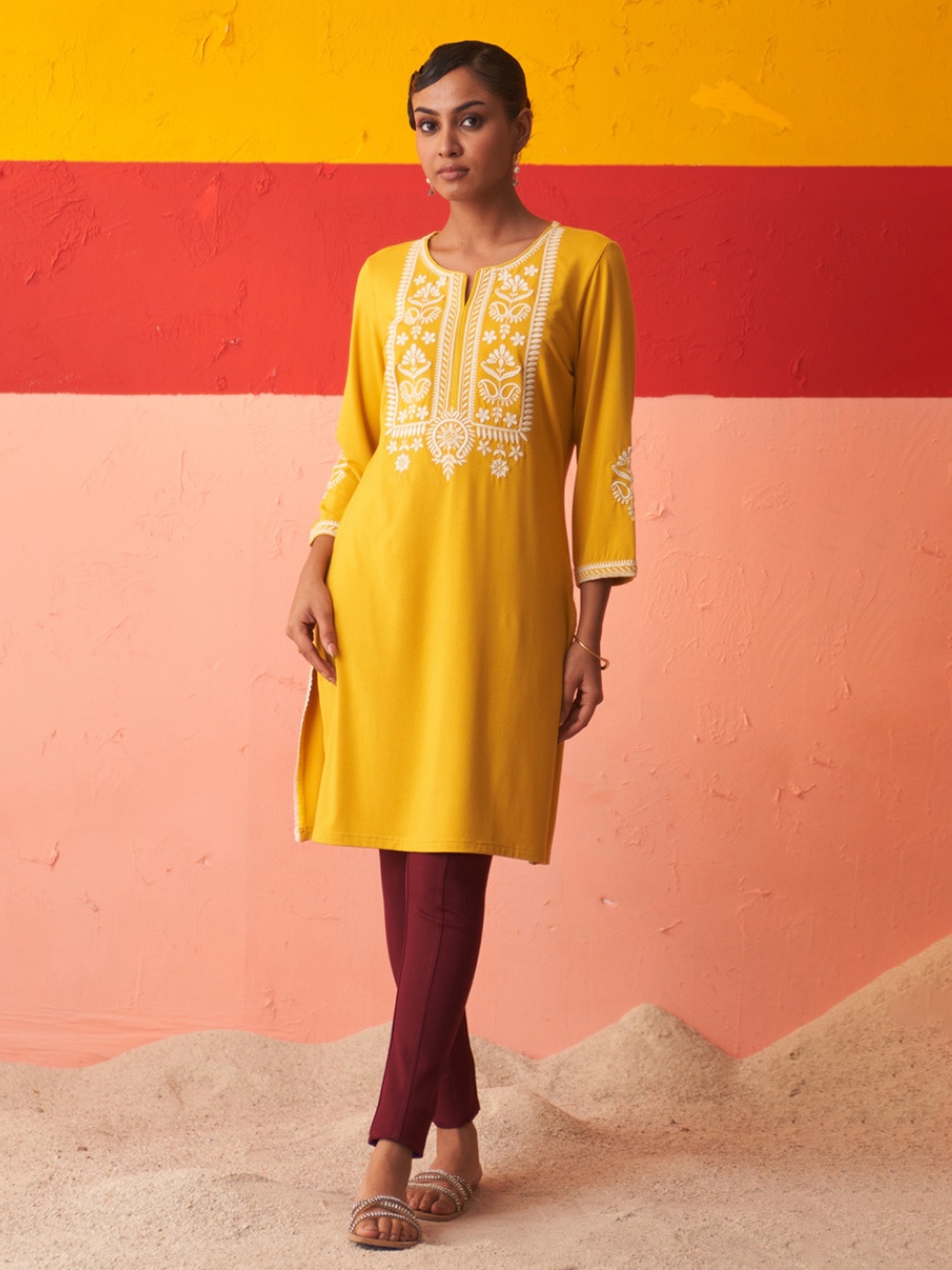 

Lakshita Floral Embroidered Three-Quarter Sleeve Thread Work Woollen Kurta, Mustard
