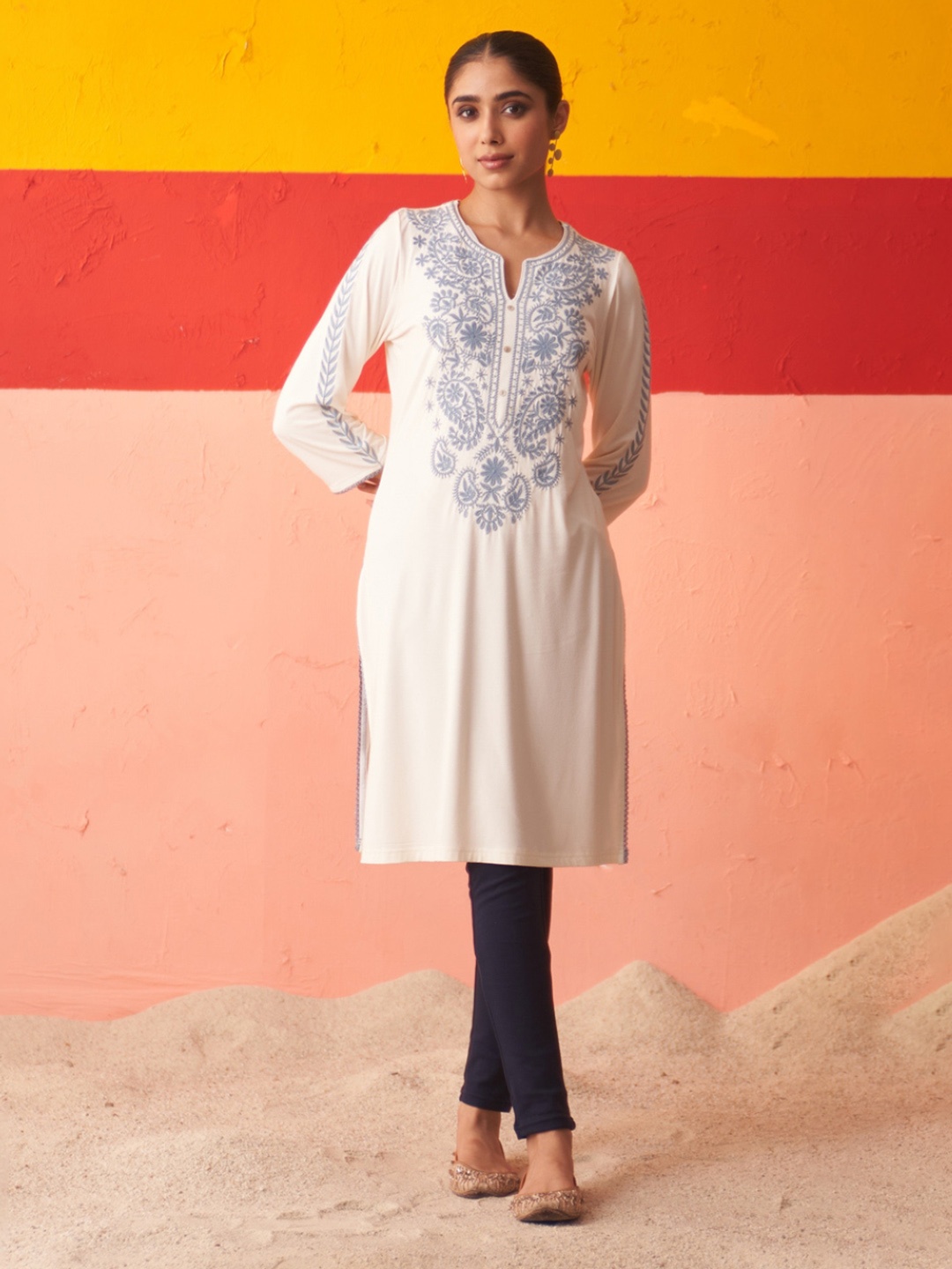 

Lakshita Ethnic Motifs Yoke Design Thread Work Woollen Kurta, White