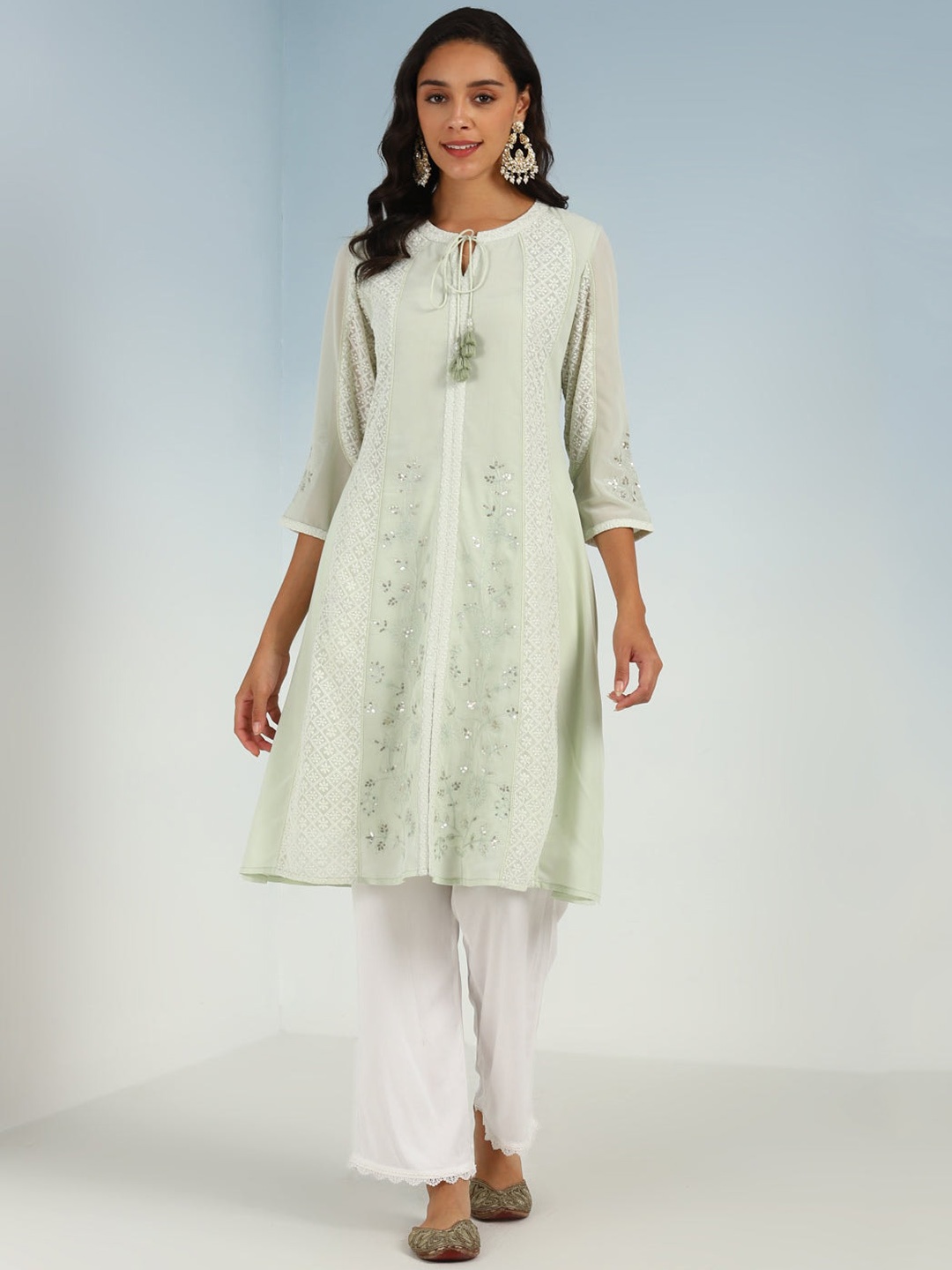 Lakshita Floral Embroidered Tie-Up Neck Sequinned A-Line Georgette Kurta, Green