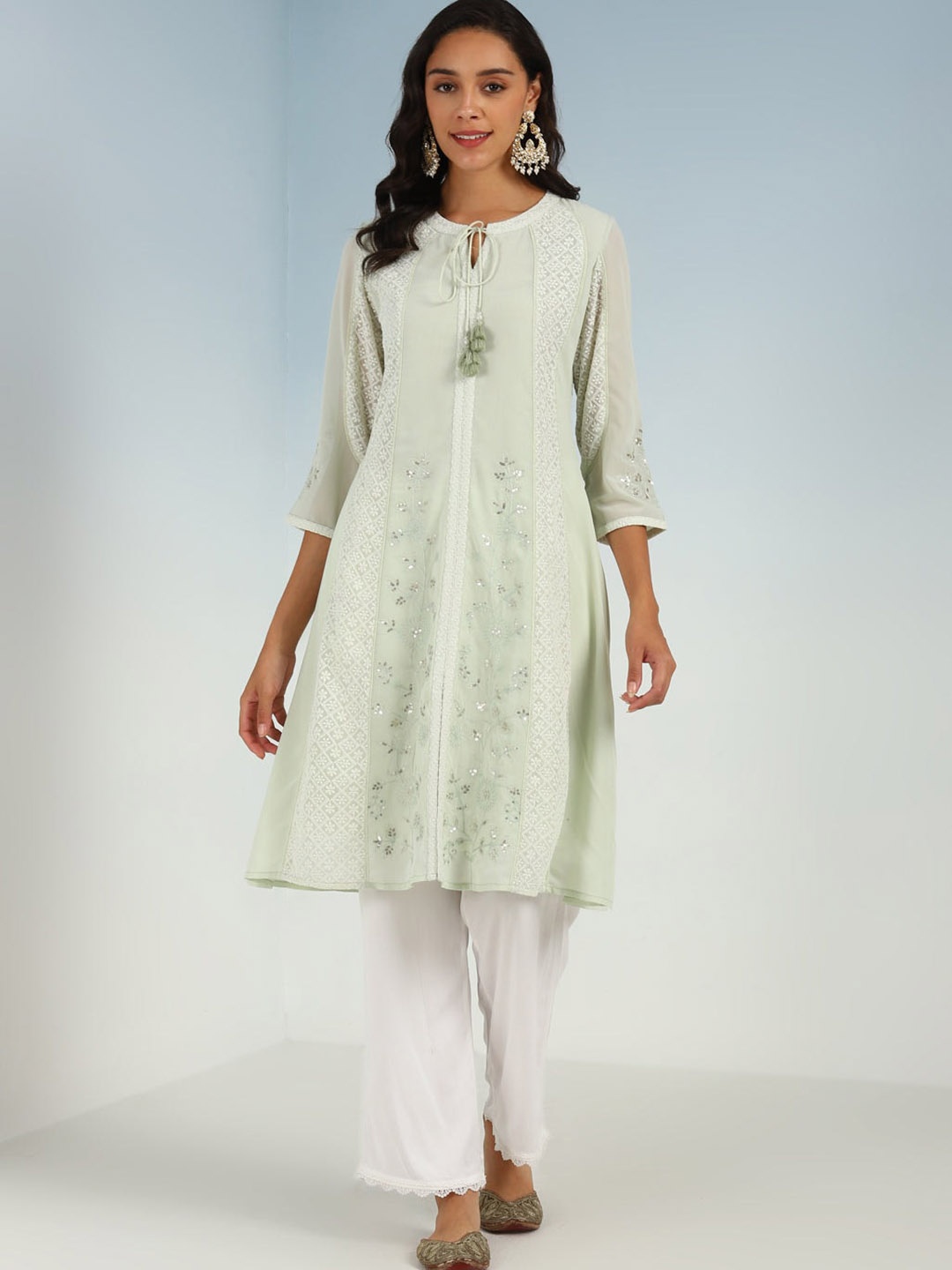 

Lakshita Floral Embroidered Tie-Up Neck Thread Work A-Line Georgette Kurta, Green