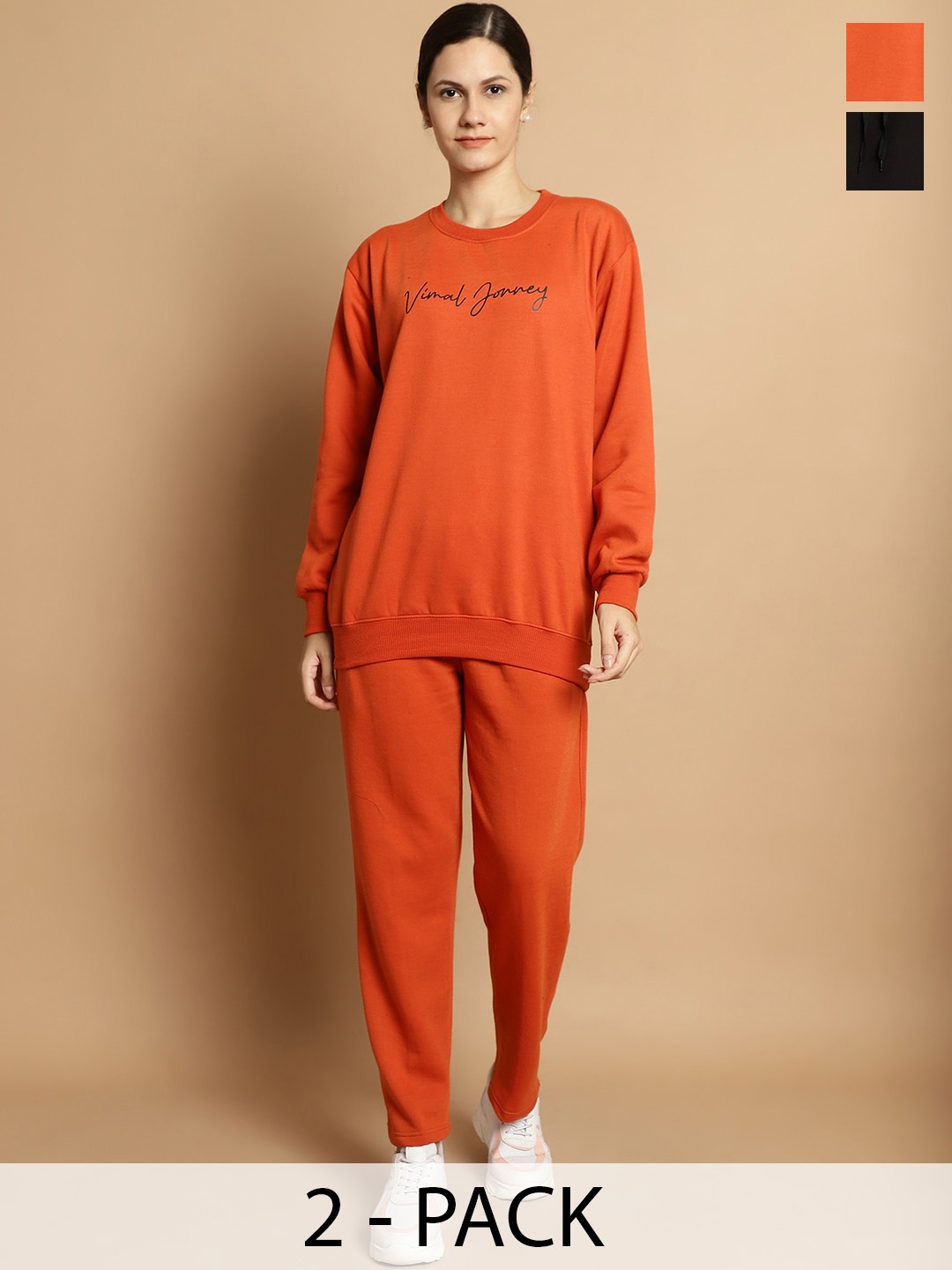 

VIMAL JONNEY Pack of 2 Typography Printed Fleece Tracksuits, Black