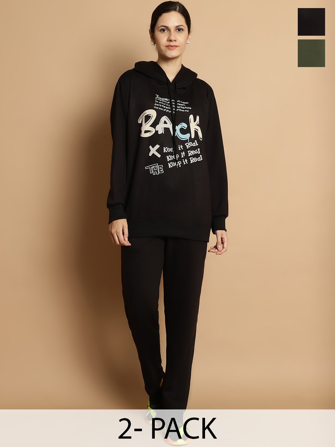 

VIMAL JONNEY Pack of 2 Typography Printed Hooded Fleece & Cotton Tracksuits, Black