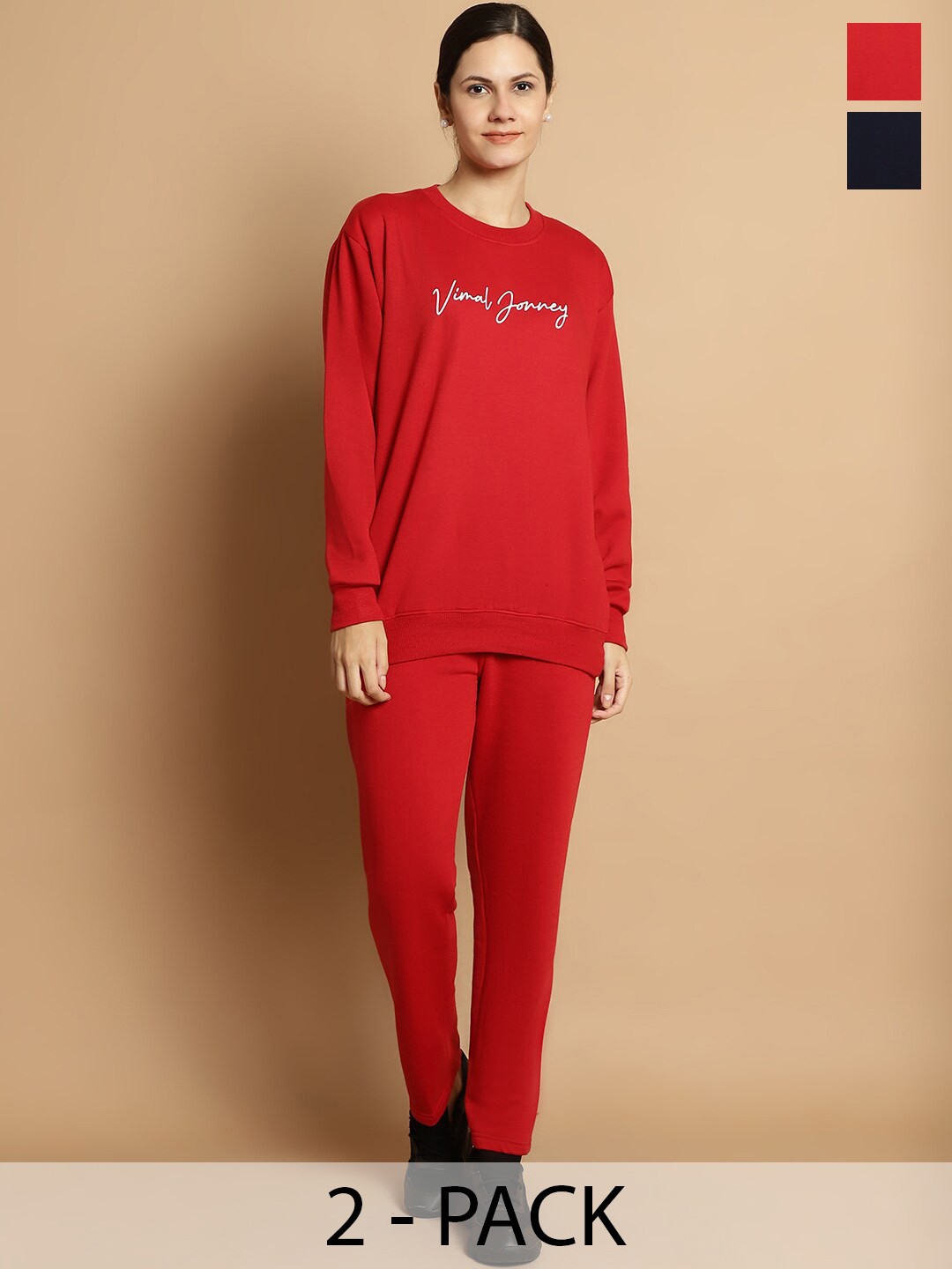 

VIMAL JONNEY Pack of 2 Typography Printed Fleece Tracksuits, Maroon