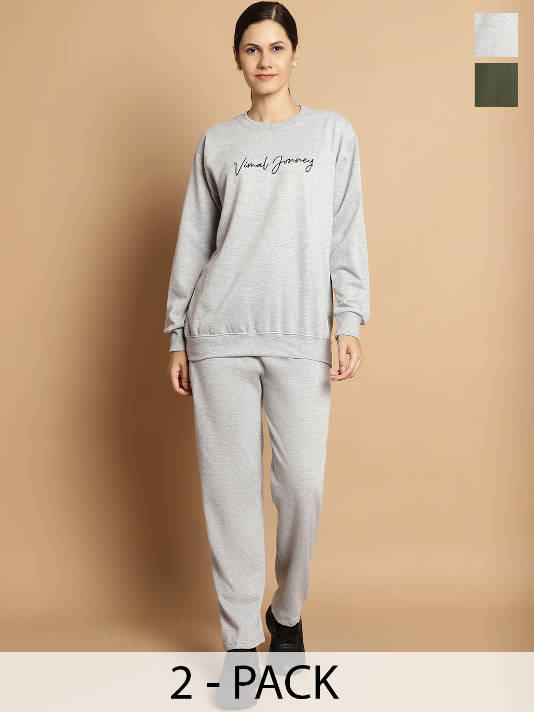 

VIMAL JONNEY Pack of 2 Typography Printed Fleece Tracksuits, Grey melange