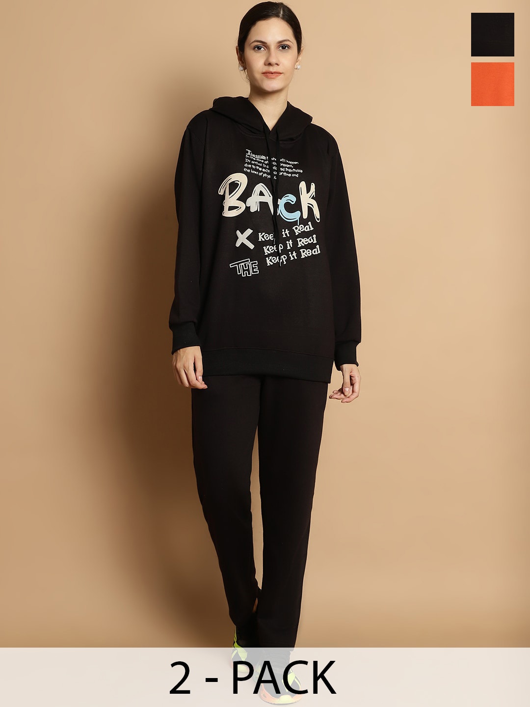 

VIMAL JONNEY Pack of 2 Typography Printed Hooded Fleece & Cotton Tracksuits, Black