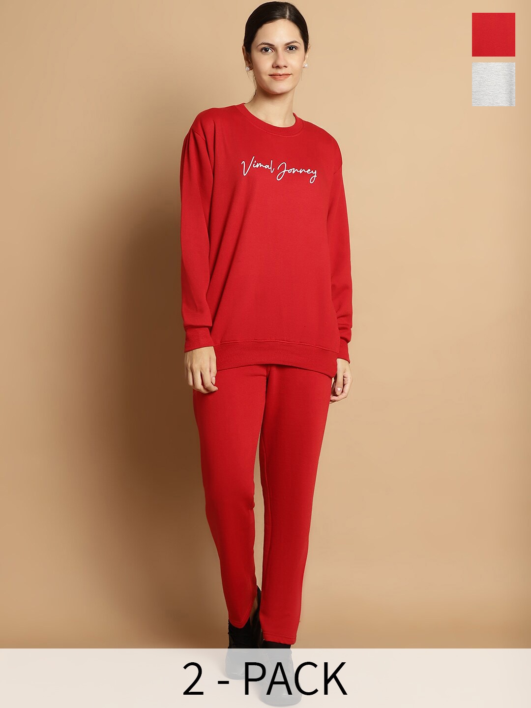 

VIMAL JONNEY Pack of 2 Typography Printed Fleece Tracksuits, Maroon