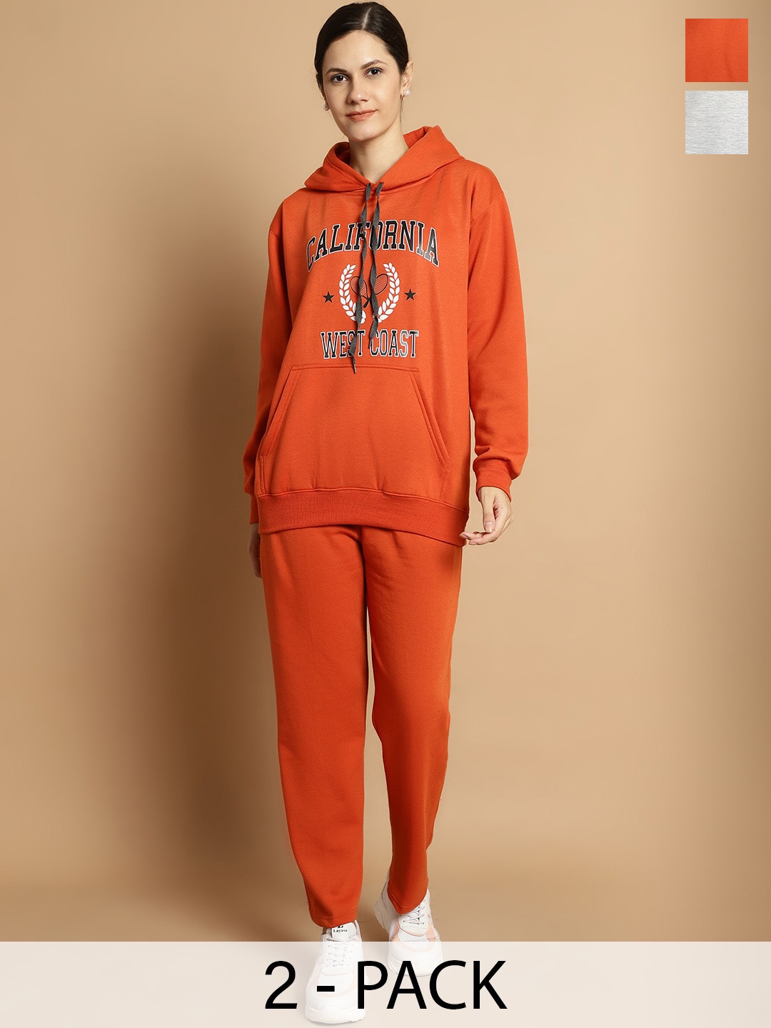 

VIMAL JONNEY Pack of 2 Typography Printed Hooded Tracksuits, Rust
