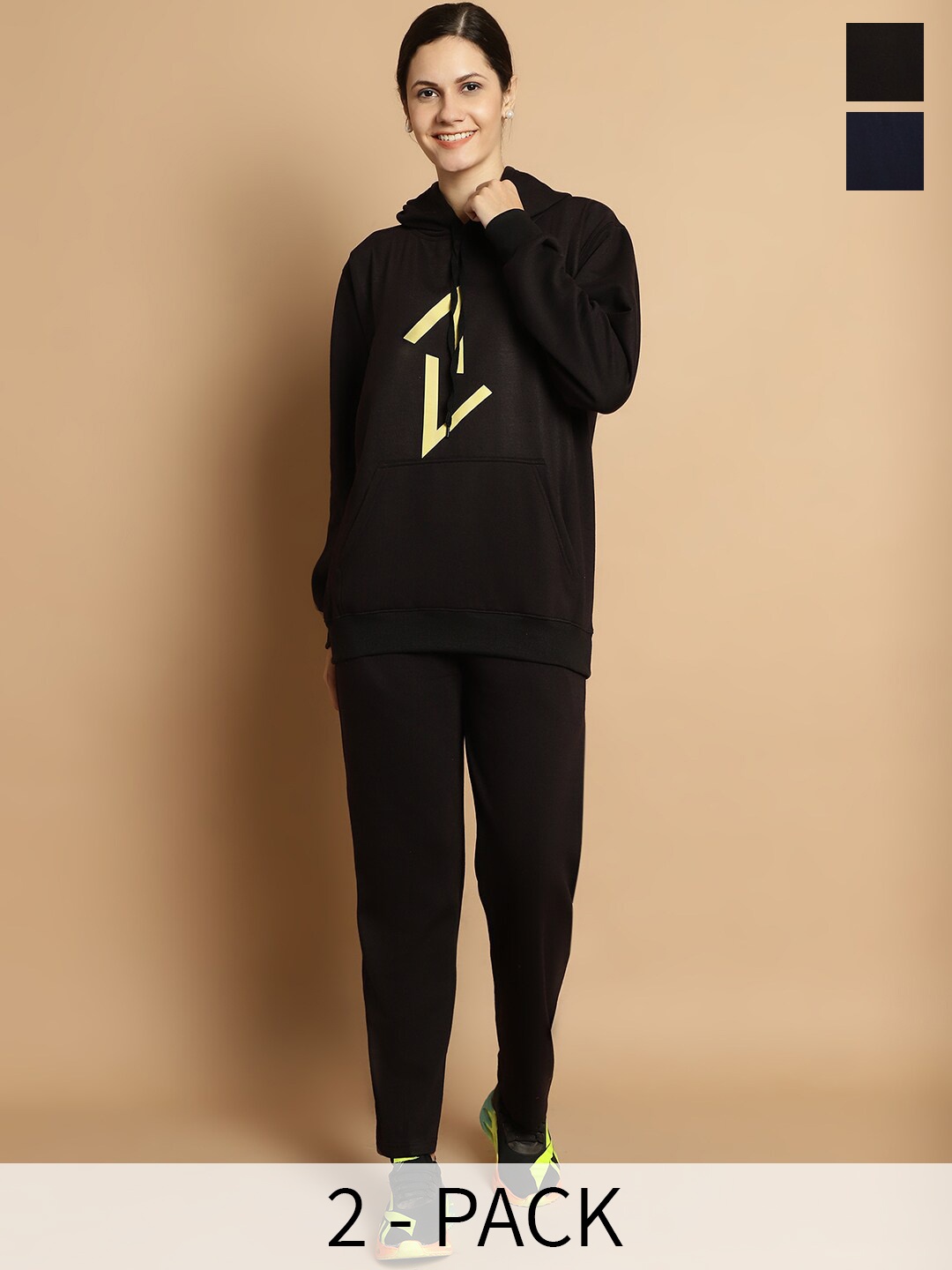 

VIMAL JONNEY Pack of 2 Typography Printed Hooded & Round Neck Tracksuits, Black