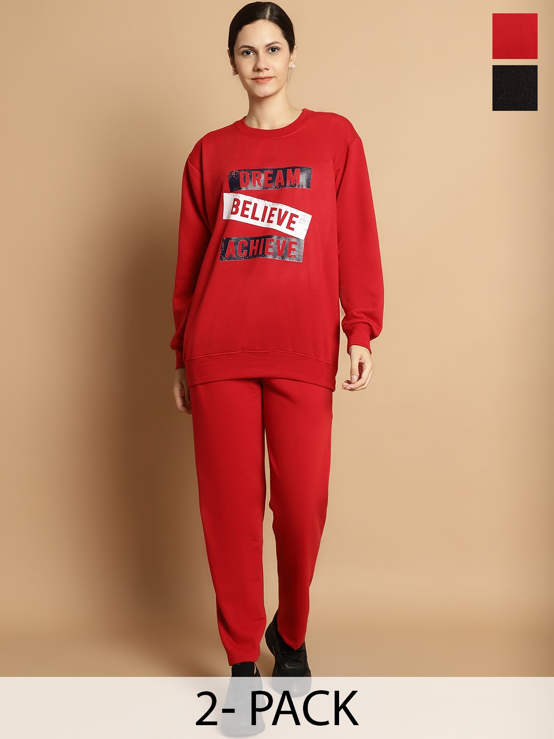 

VIMAL JONNEY Pack of 2 Typography Printed Fleece Tracksuits, Maroon