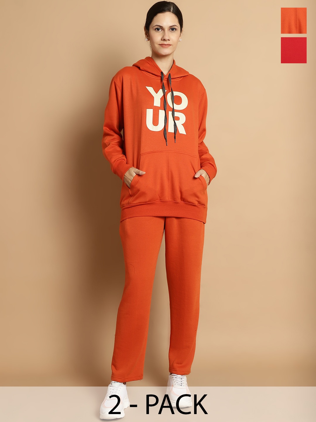 

VIMAL JONNEY Pack of 2 Typography Printed Hooded Fleece Tracksuits, Rust