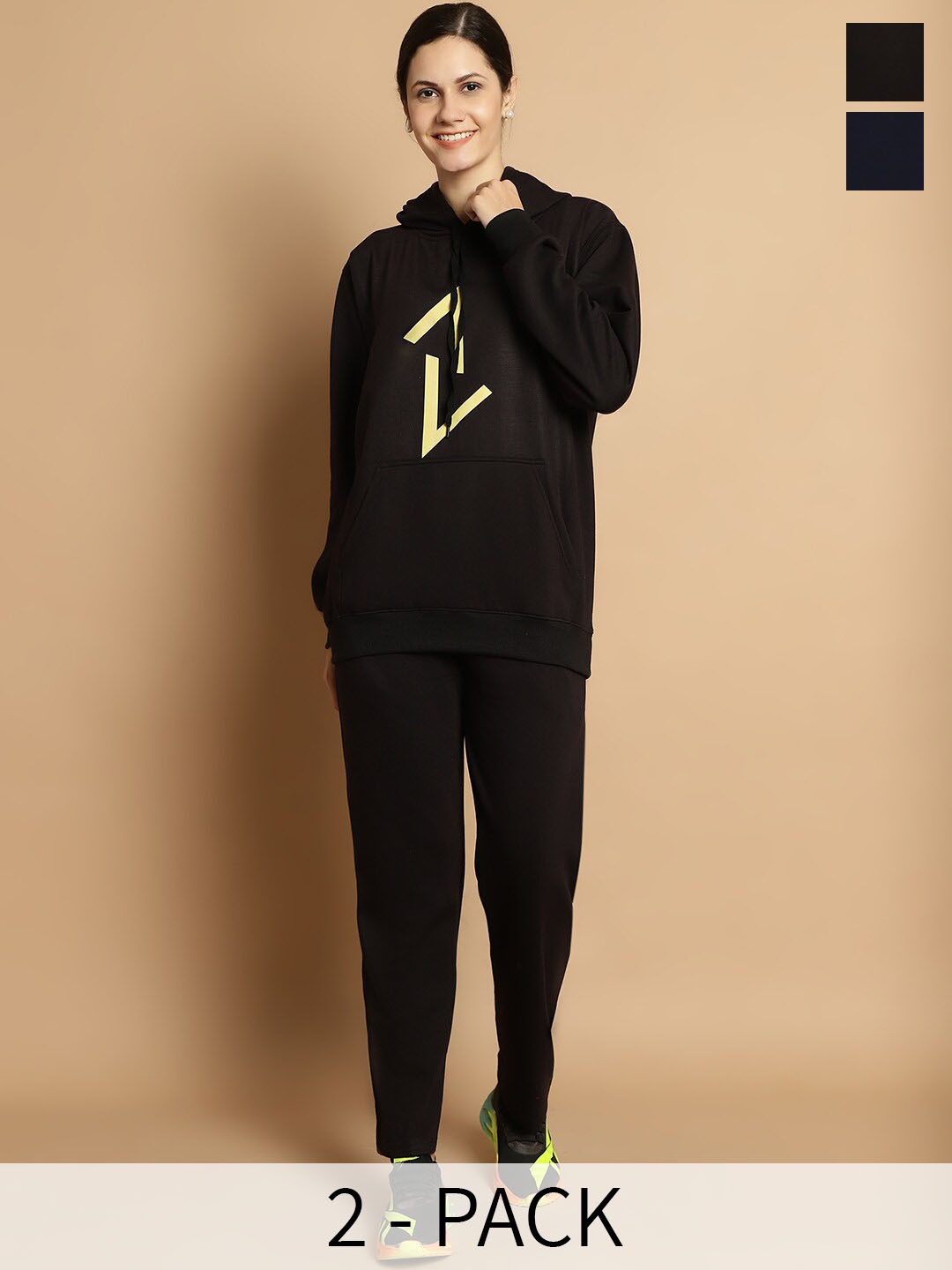 

VIMAL JONNEY Pack of 2 Typography Printed Hooded Fleece Tracksuits, Black