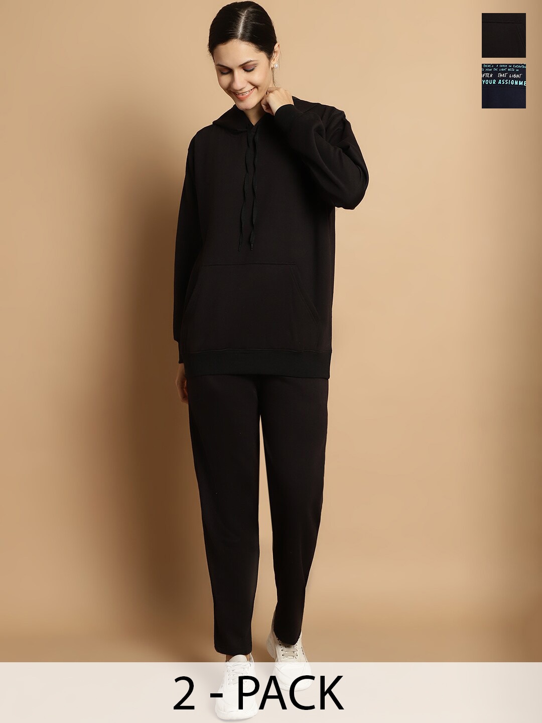 

VIMAL JONNEY Pack of 2 Typography Printed Hooded Fleece Tracksuits, Black
