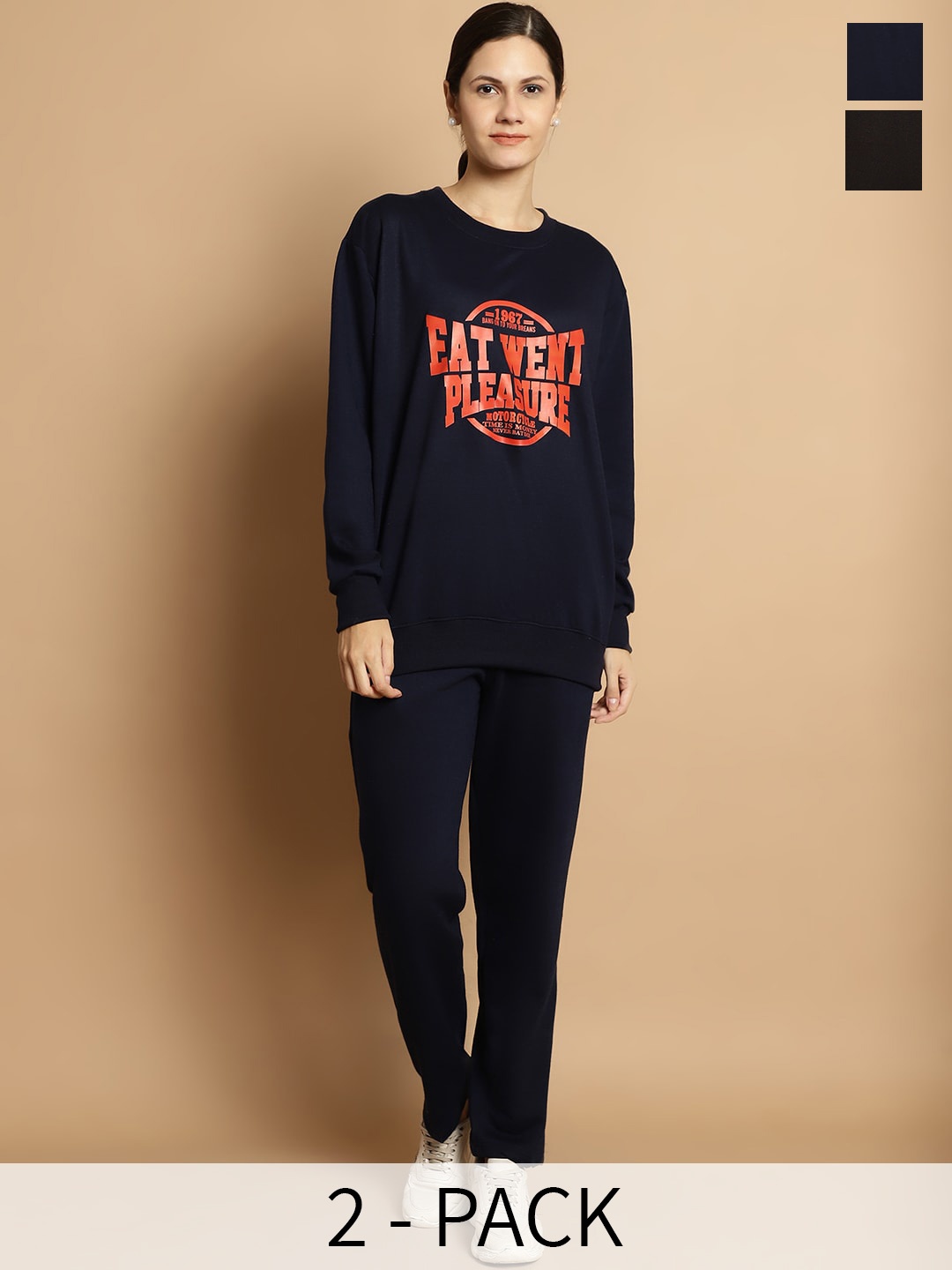 

VIMAL JONNEY Pack of 2 Typography Printed Long Sleeves Cotton & Fleece Tracksuits, Black