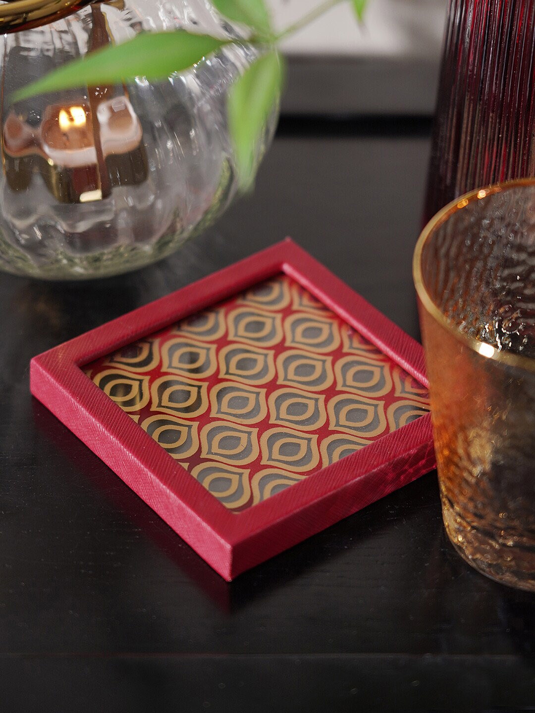 

Pure Home and Living 2 Pcs Red & Beige Printed Glass & Faux Leather Coasters