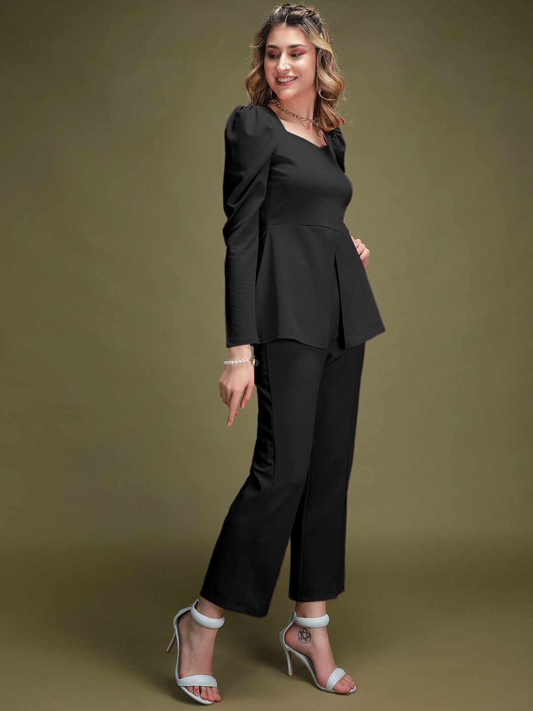 

N N ENTERPRISE Sweetheart Neck Front Slit Top & Trouser, Black