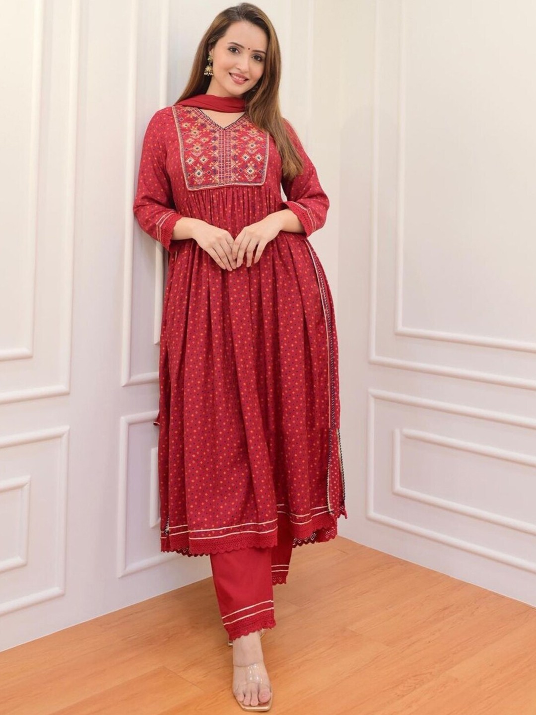 

KALINI Ethnic Motifs Printed Thread Work Detailed A-Line Kurta & Trouser With Dupatta, Red