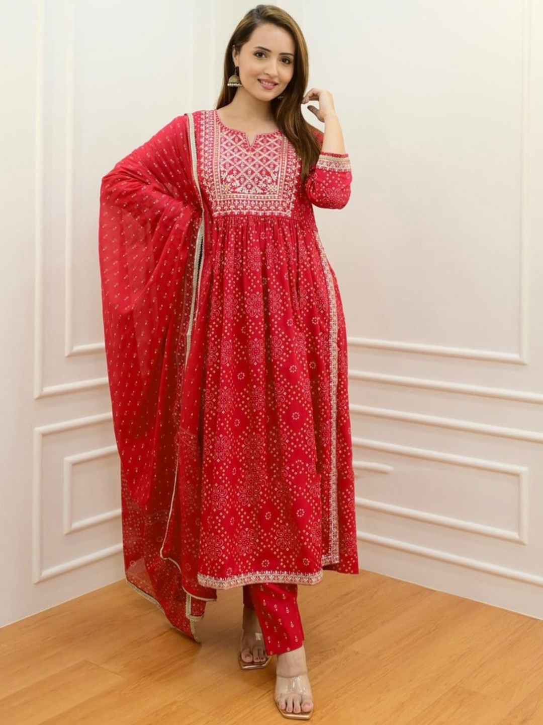 

KALINI Bandhani Printed Thread Work Detailed Pleated A-Line Kurta & Trouser With Dupatta, Red