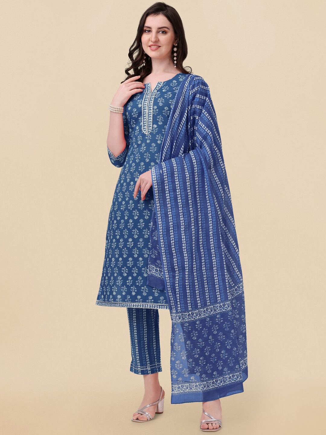 

KALINI Floral Printed Gotta Patti Pure Cotton Kurta With Trousers & Dupatta, Navy blue
