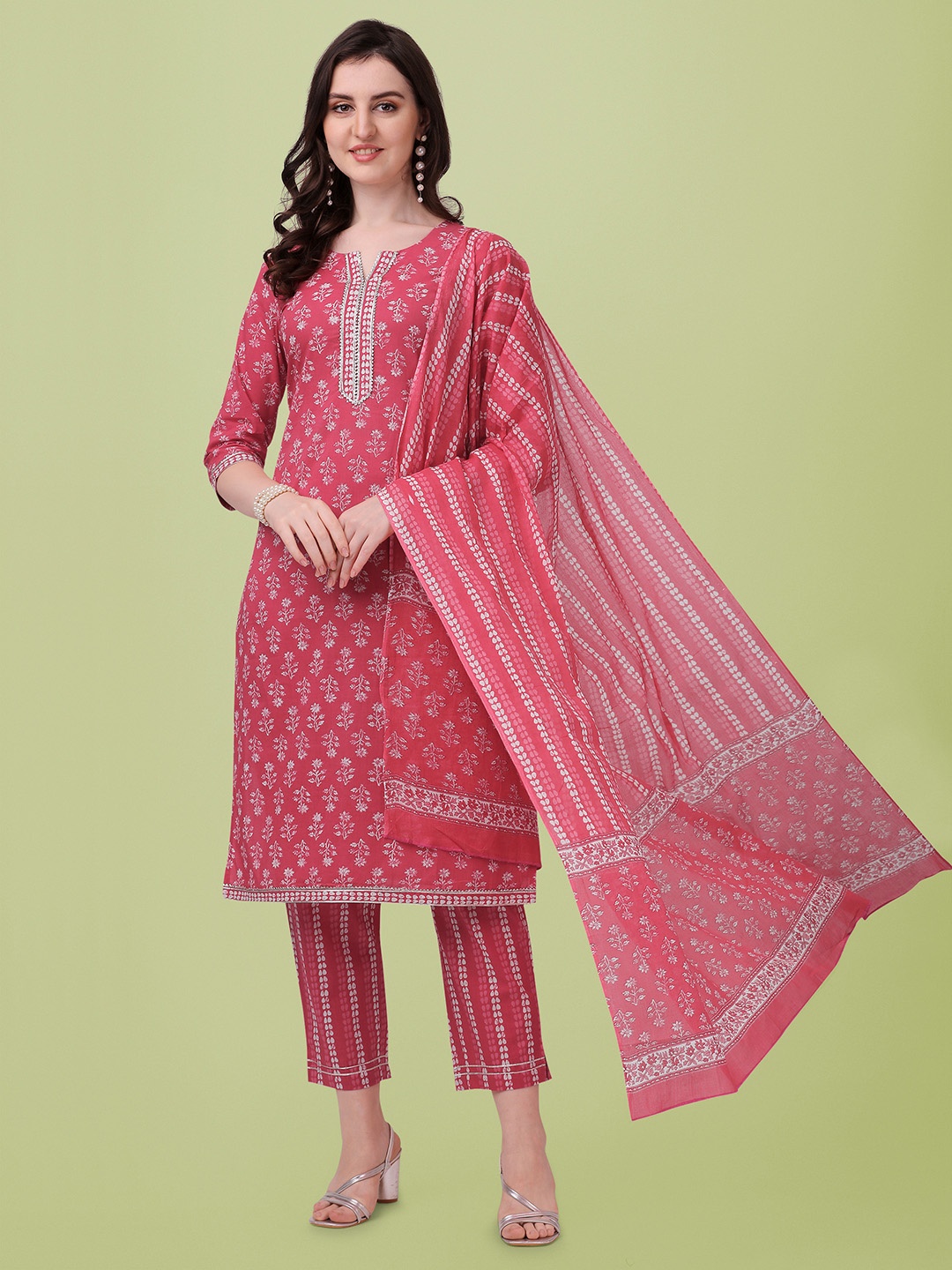 

KALINI Floral Printed Gotta Patti Pure Cotton Kurta With Trousers & Dupatta, Red