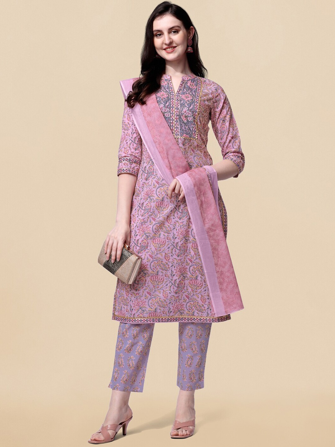 

KALINI Floral Printed Gotta Patti Pure Cotton Kurta With Trousers & Dupatta, Pink
