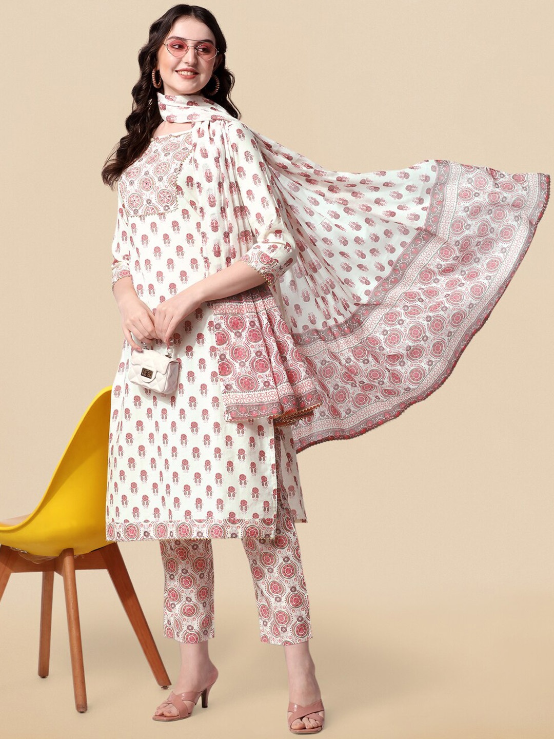 

KALINI Paisley Printed Regular Gotta Patti Pure Cotton Kurta With Trousers & Dupatta, Cream