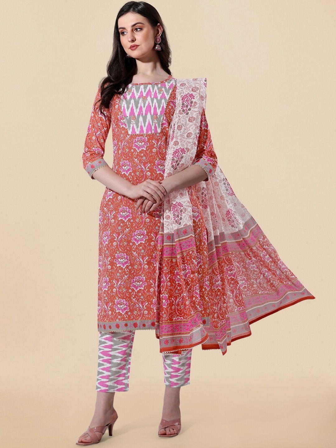 

KALINI Floral Printed Gotta Patti Pure Cotton Kurta With Trousers & Dupatta, Orange
