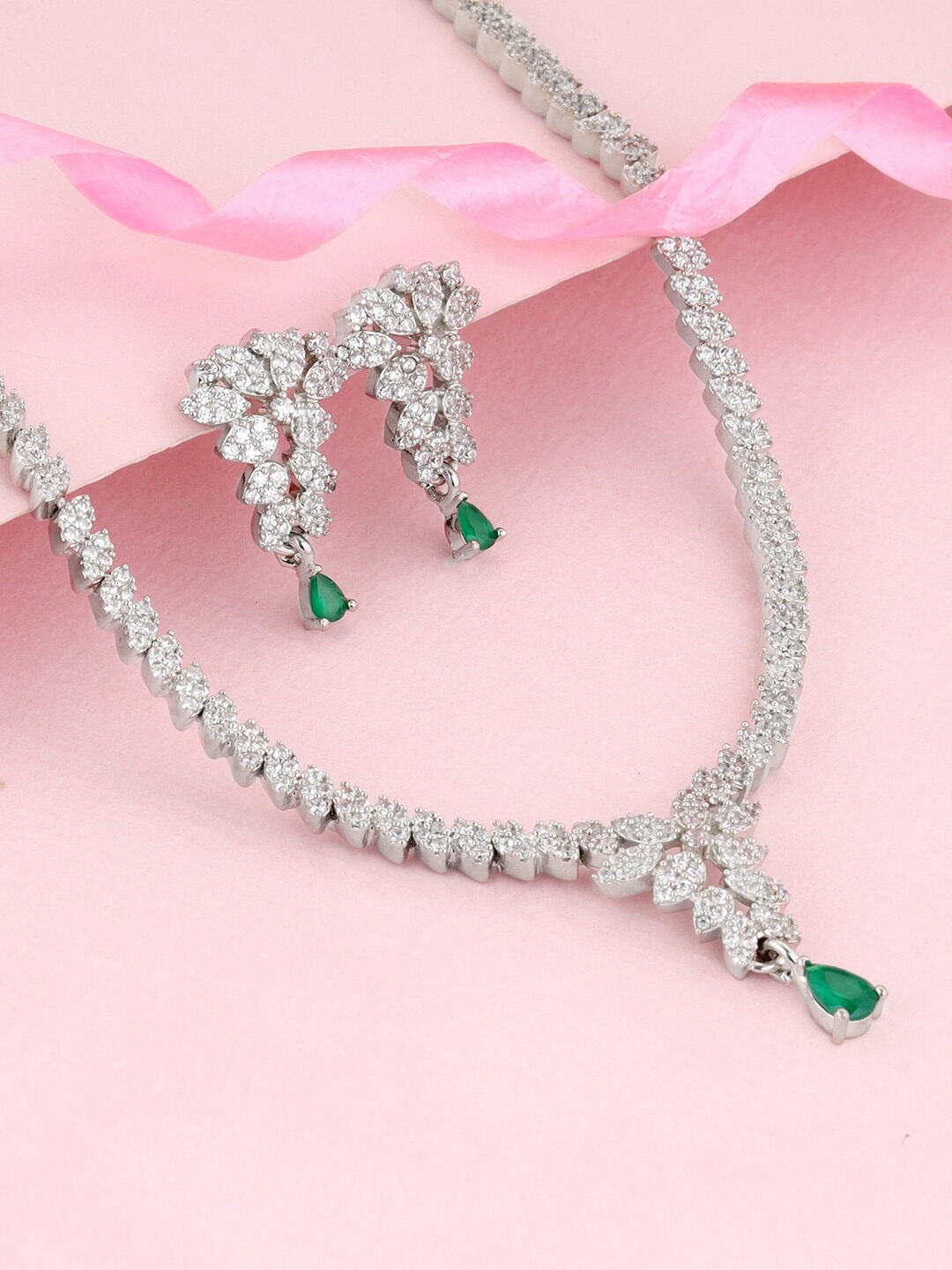 

GIVA 925 Sterling Silver Rhodium-Plated Stone-Studded Jewellery Set