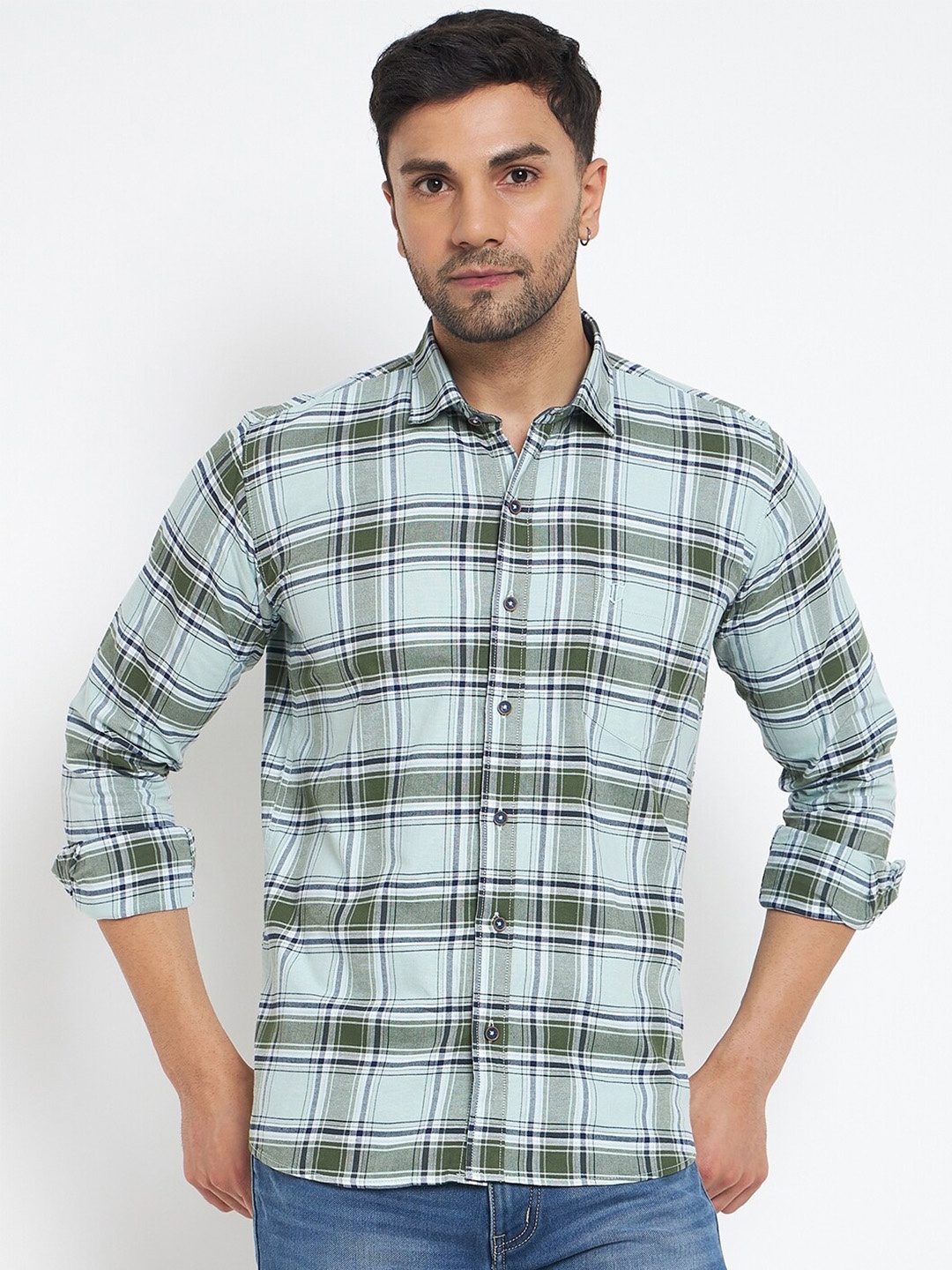 

Duke Tartan Checks Slim Fit Cotton Casual Shirt, Olive