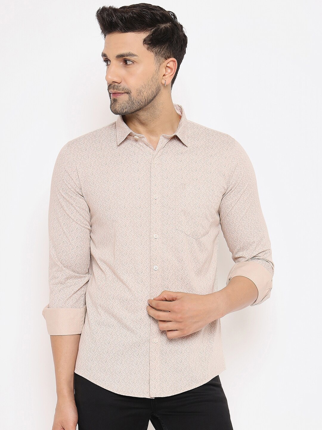 

Duke Slim Fit Geometric Printed Spread Collar Long Sleeves Cotton Casual Shirt, Beige