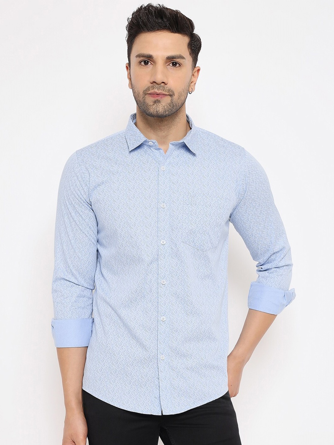 

Duke Slim Fit Geometric Printed Spread Collar Long Sleeves Cotton Casual Shirt, Blue