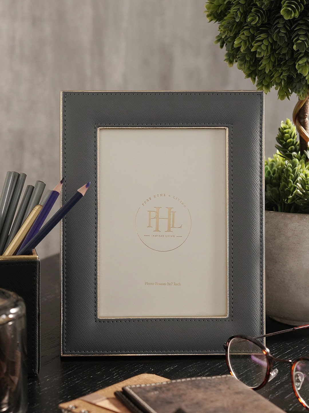 

Pure Home and Living Grey & Gold Toned Self Design Faux Leather Table Photo Frame