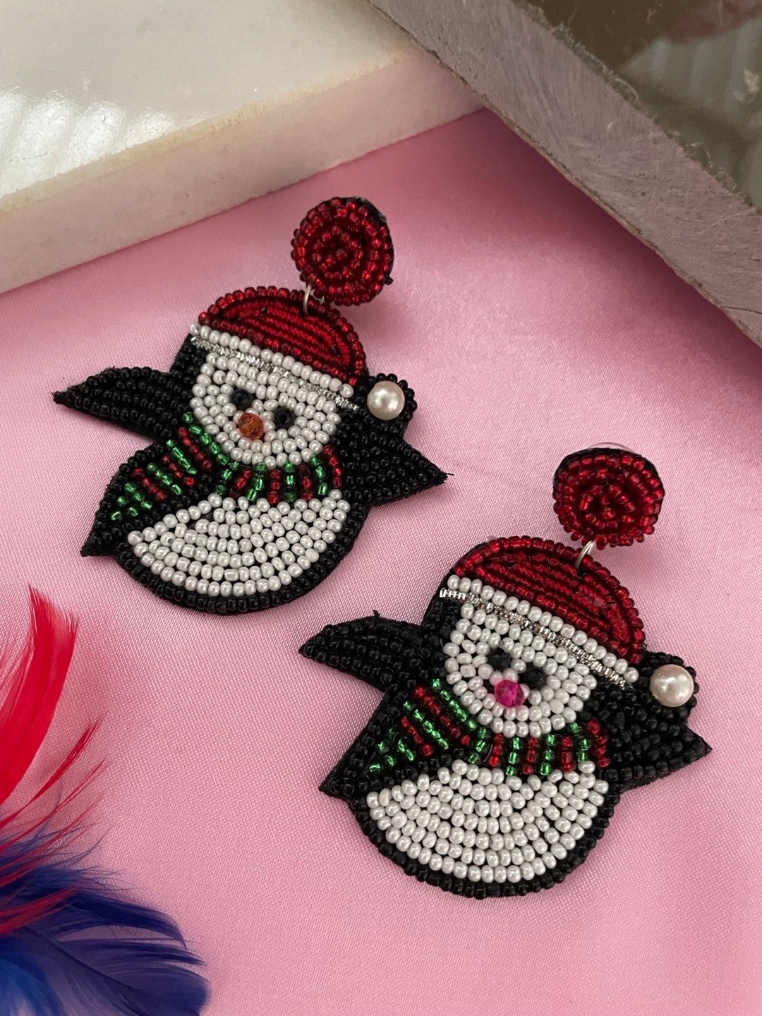 

Digital Dress Room Christmas Special Beaded Classic Snowman Design Drop Earrings, Black