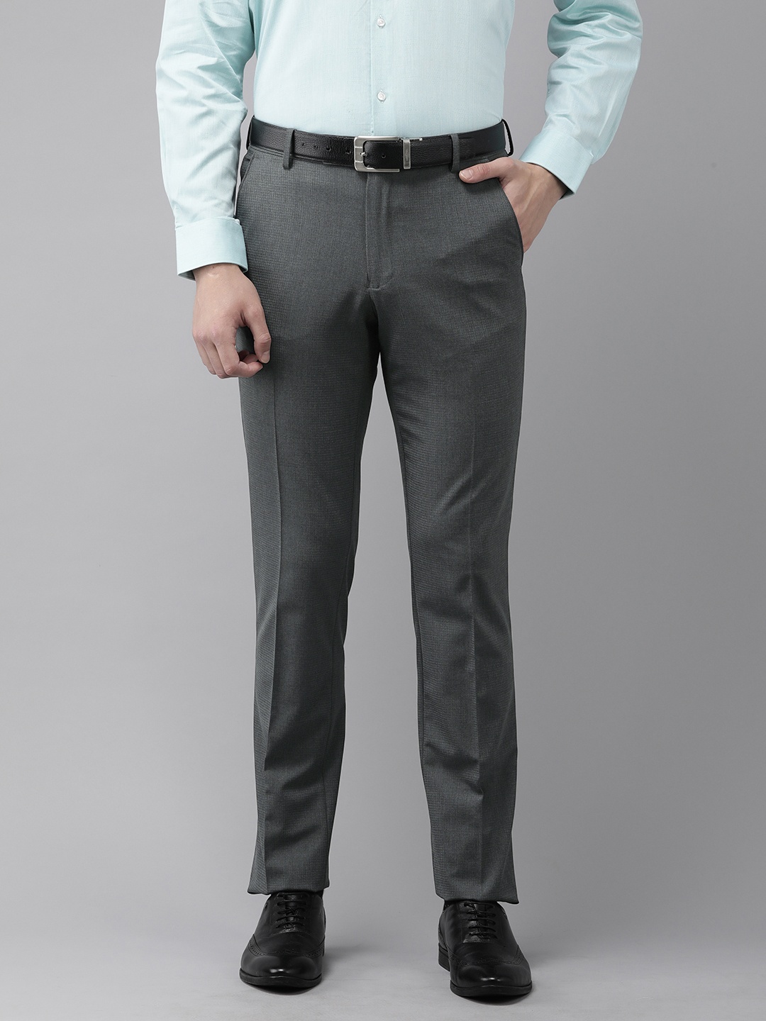 

Van Heusen Men Mid Rise Self Design Textured Slim Fit Formal Trousers, Grey