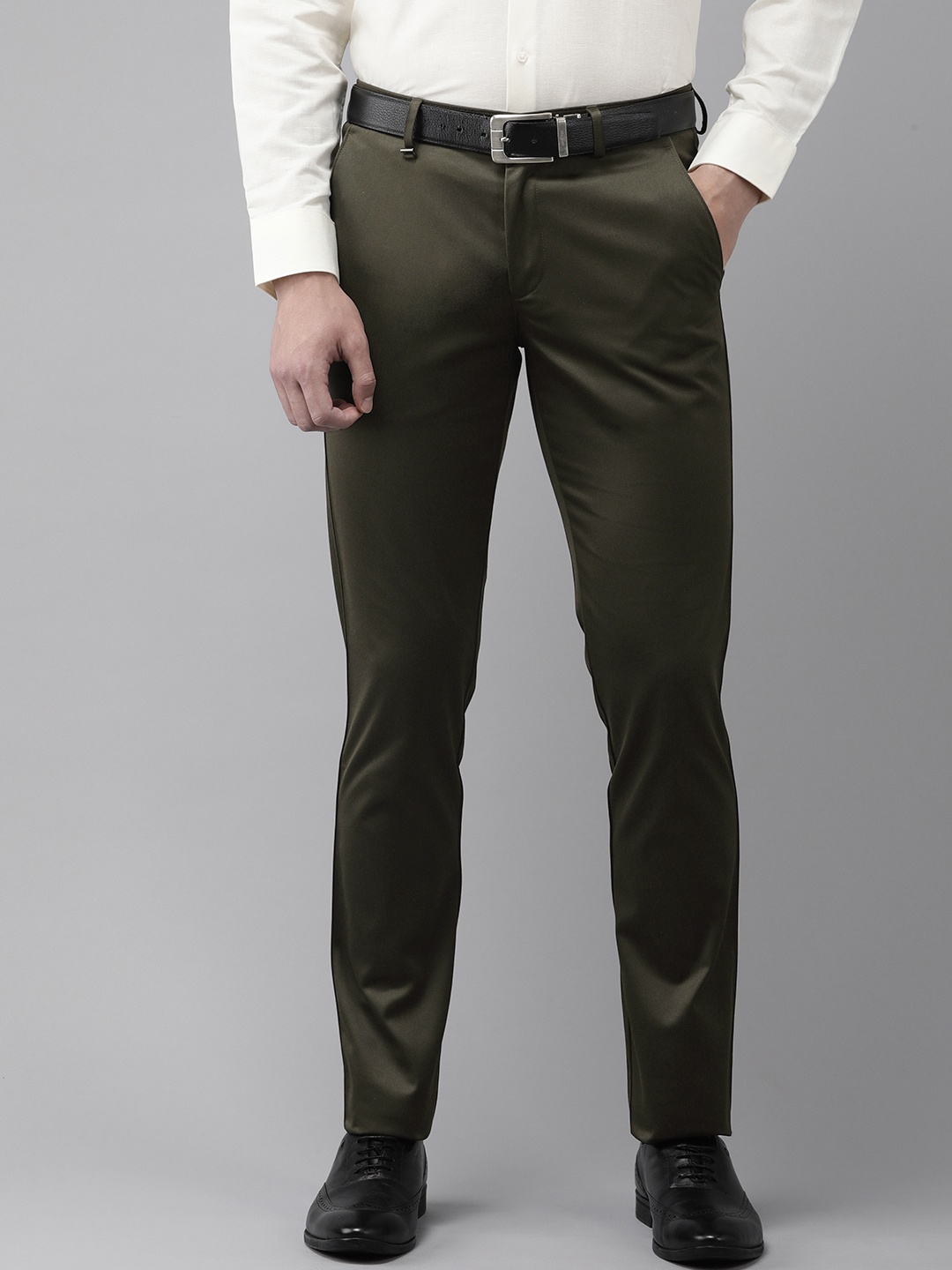

Van Heusen Men Solid Mid-Rise Slim Fit Formal Trousers, Olive