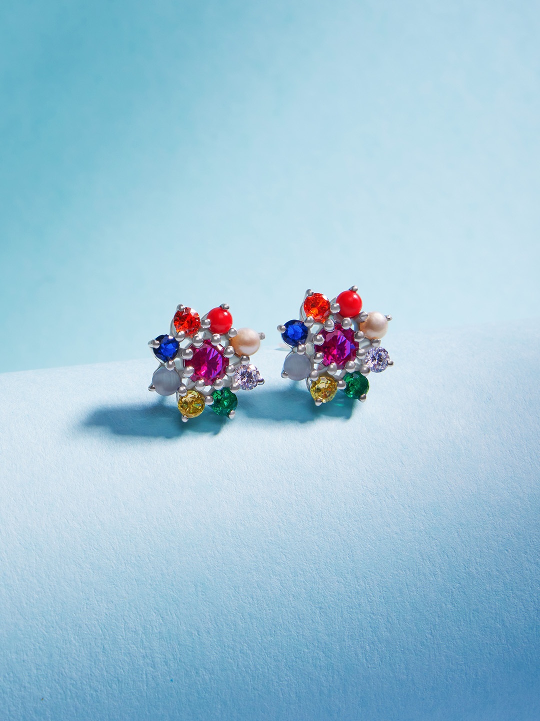 

March by FableStreet Rhodium-Plated Navratna Cluster Floral Studs Earrings, Silver