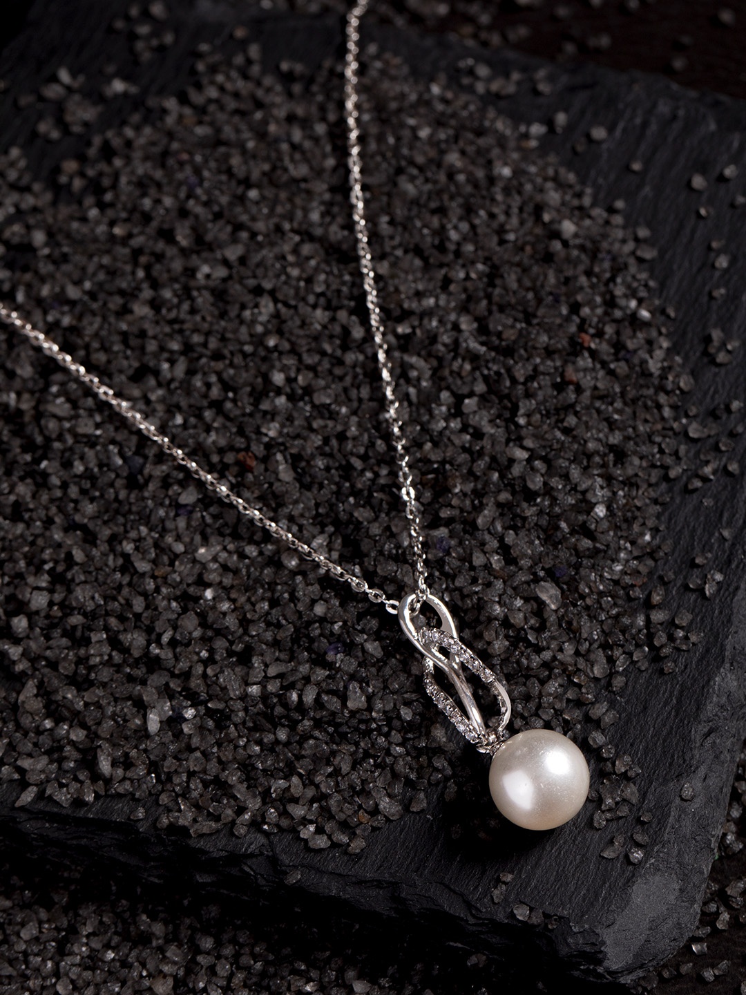 

March by FableStreet Rhodium-Plated CZ- Stone Studded Quirky Pendant With Chain, Silver